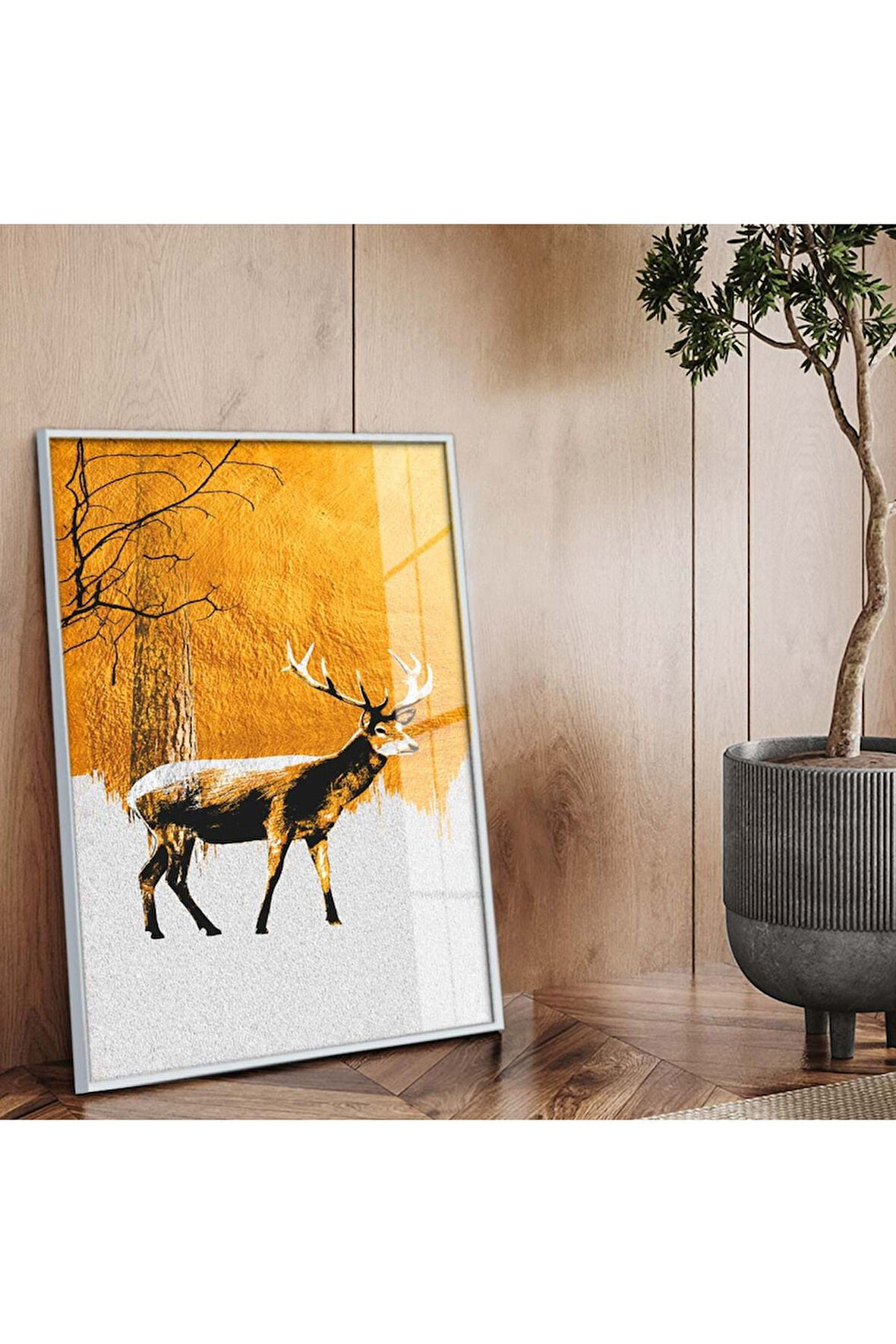 Gümüş Metal Çerçeveli Modern Çizim Geyik Tema Kırılmaz Cam Tablo