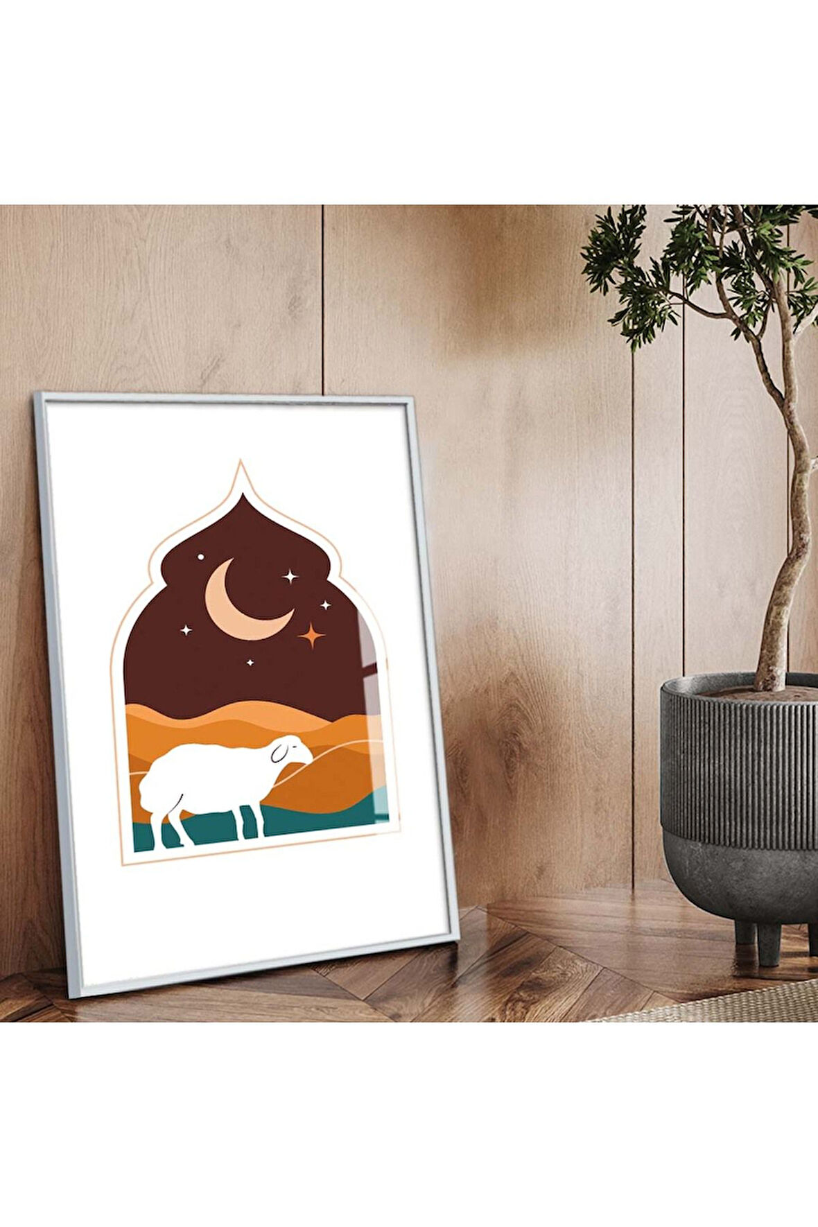 Gümüş Metal Çerçeveli Modern Çizim Koyun Figür Kırılmaz Cam Tablo