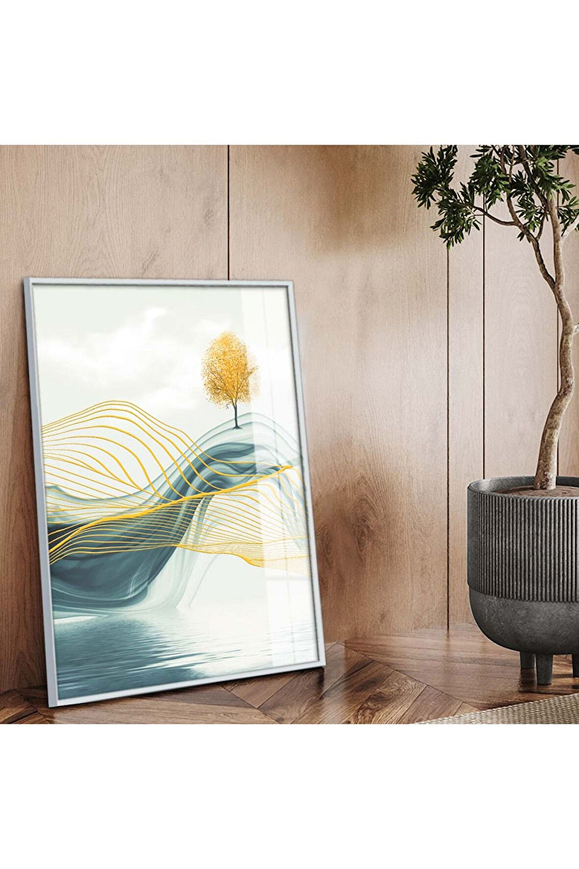 Gümüş Metal Çerçeveli Modern Çizim Soyut Tema Kırılmaz Cam Tablo