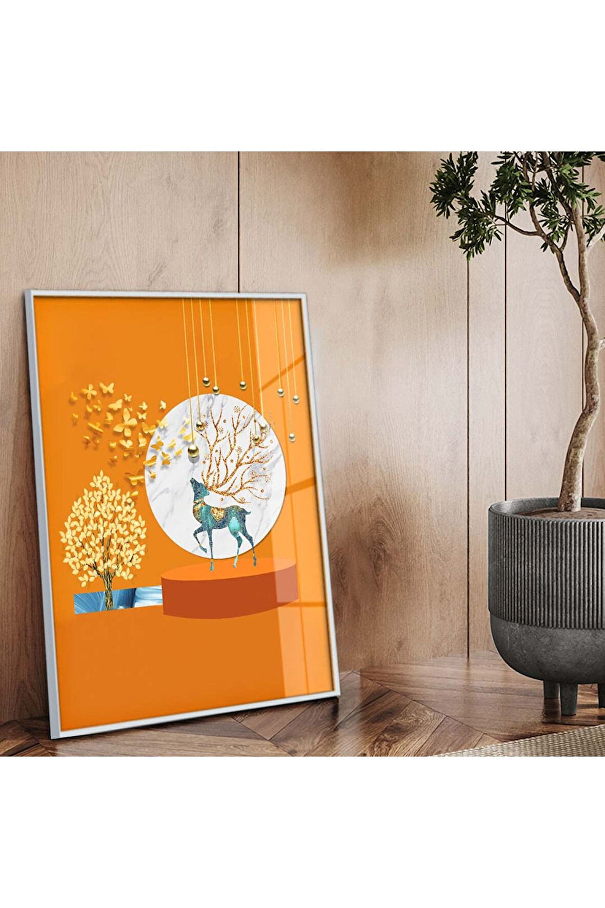 Gümüş Metal Çerçeveli Geometrik Çizim Hayvan Tema Kırılmaz Cam Tablo