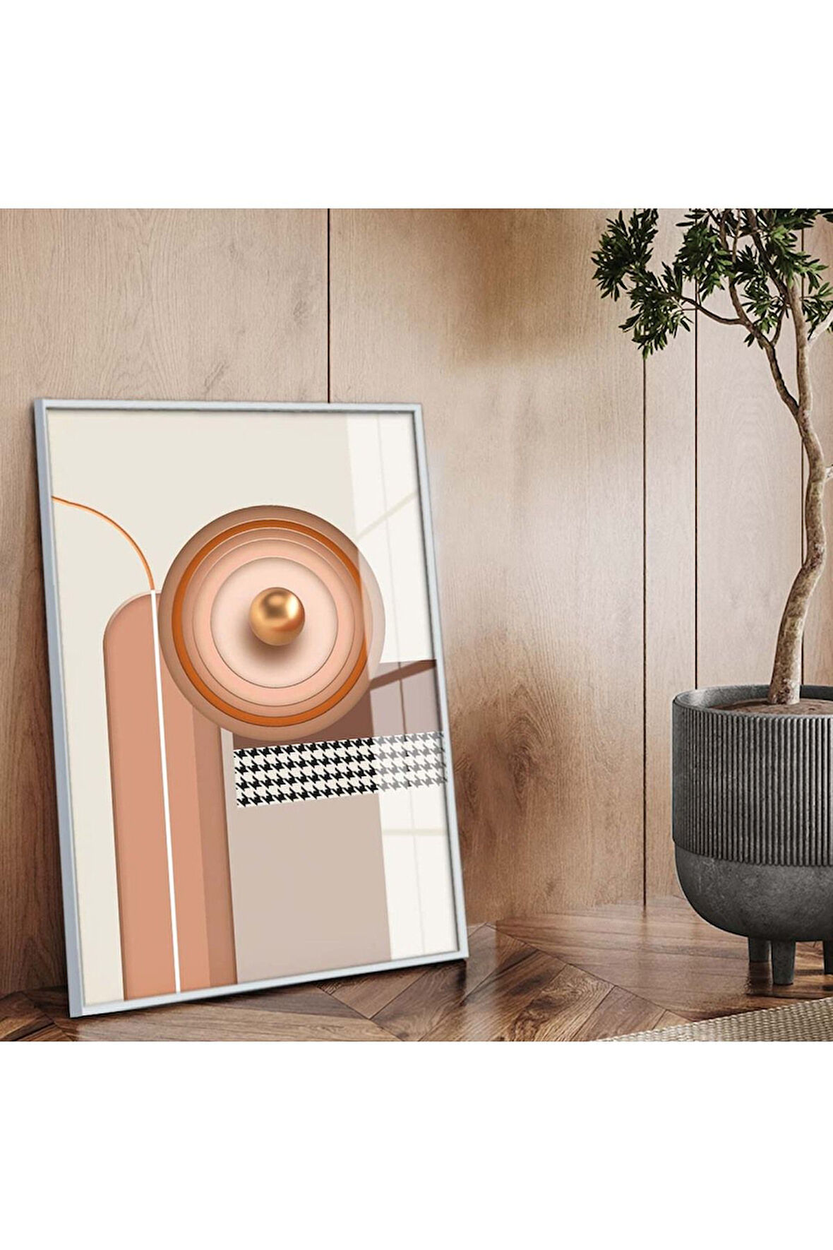 Gümüş Metal Çerçeveli Geometrik Çizim Soyut Tema Kırılmaz Cam Tablo