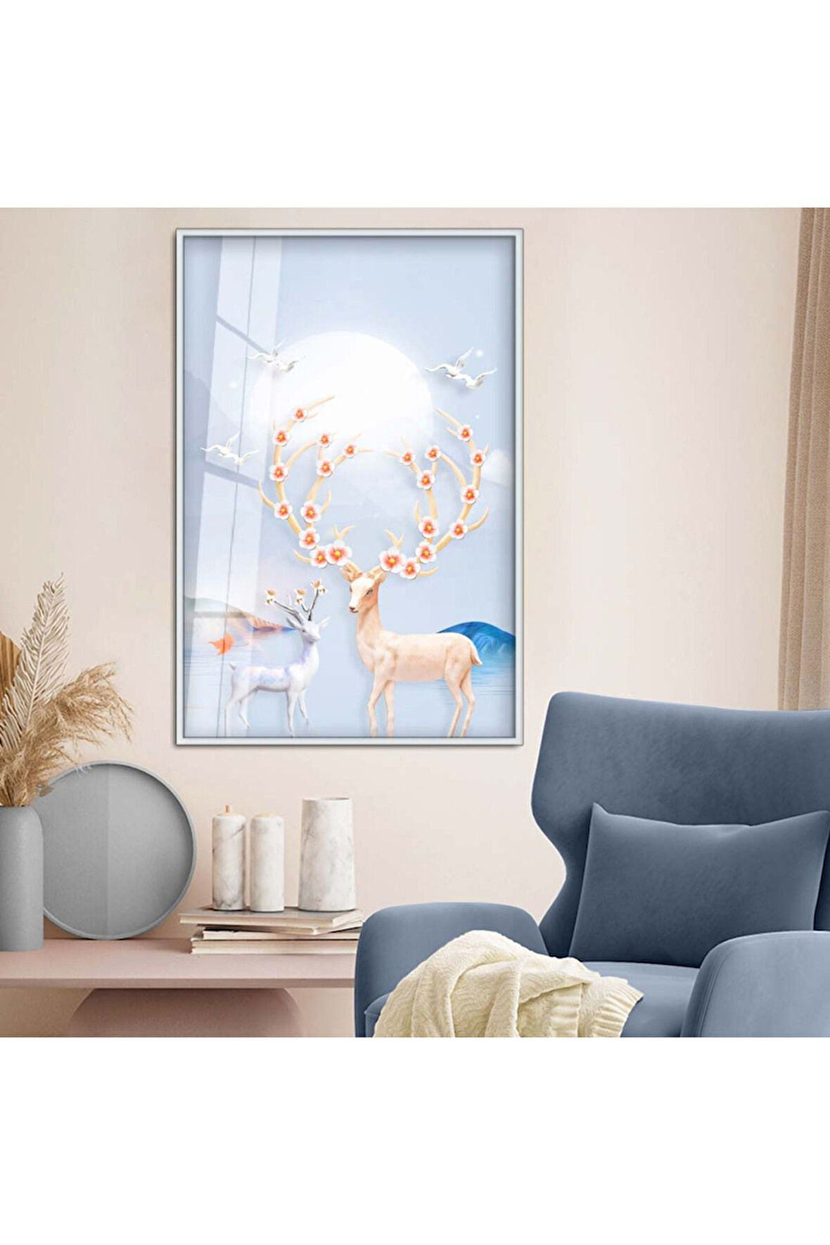 Siyah Metal Çerçeveli Modern Çizim Geyik Figür Tema Kırılmaz Cam Tablo