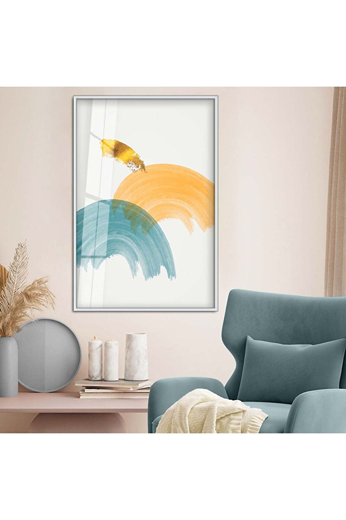 Gold Metal Çerçeveli Modern Çizim Soyut Tema Kırılmaz Cam Tablo