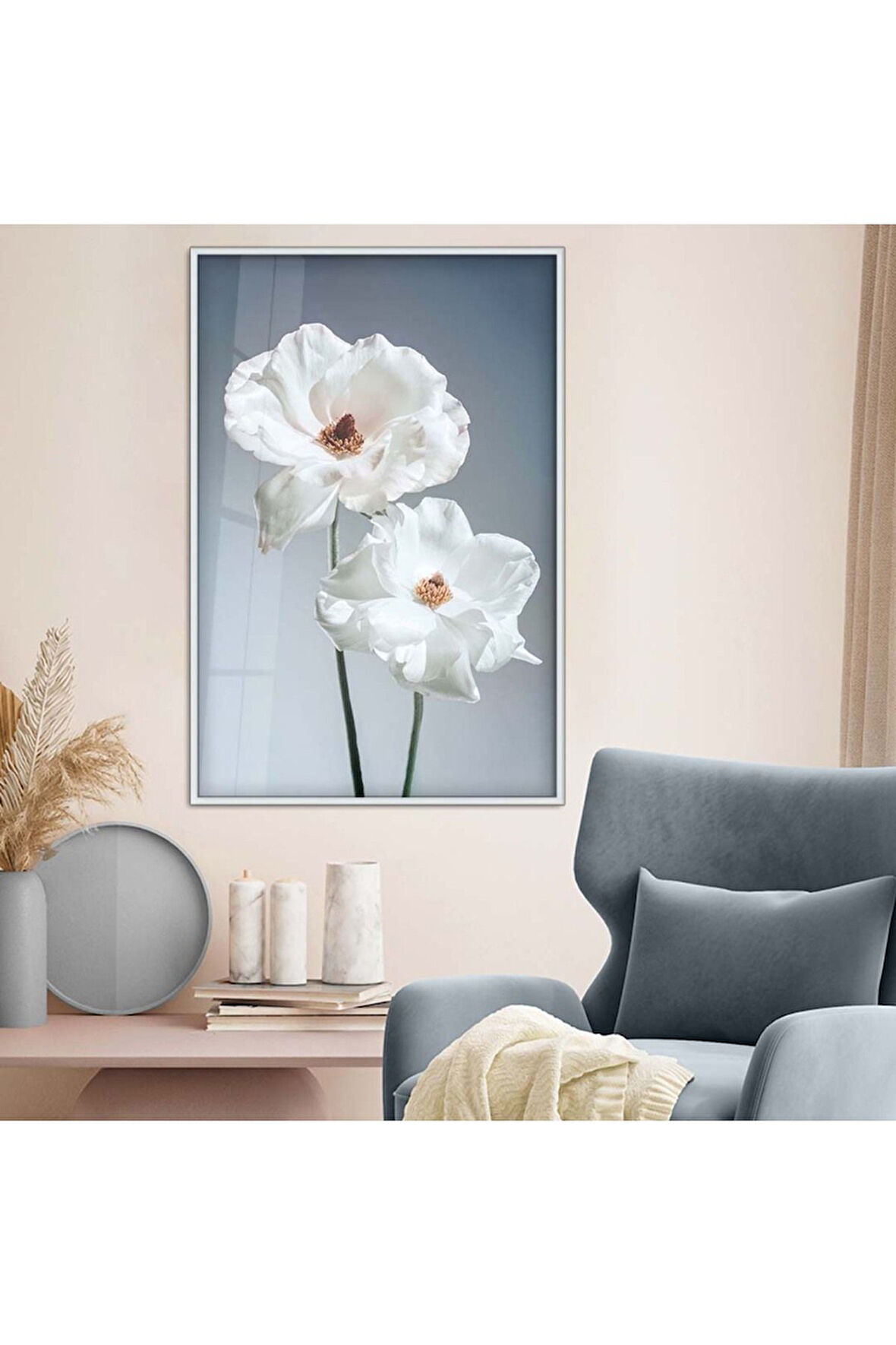 Gold Metal Çerçeveli Beyaz Çiçek Kırılmaz Cam Tablo