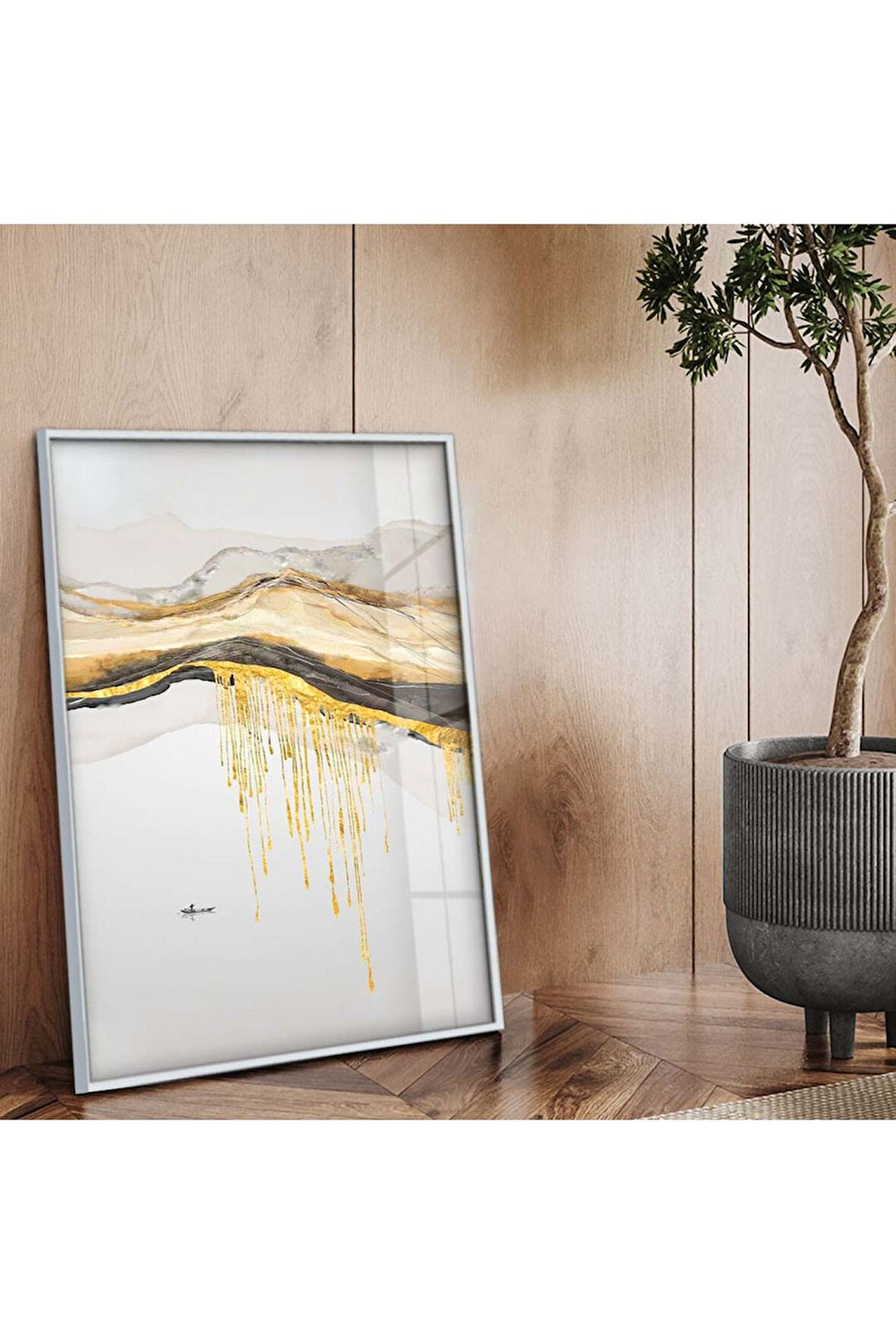 Gümüş Metal Çerçeveli Kolaj Çizim Soyut Tema Kırılmaz Cam Tablo