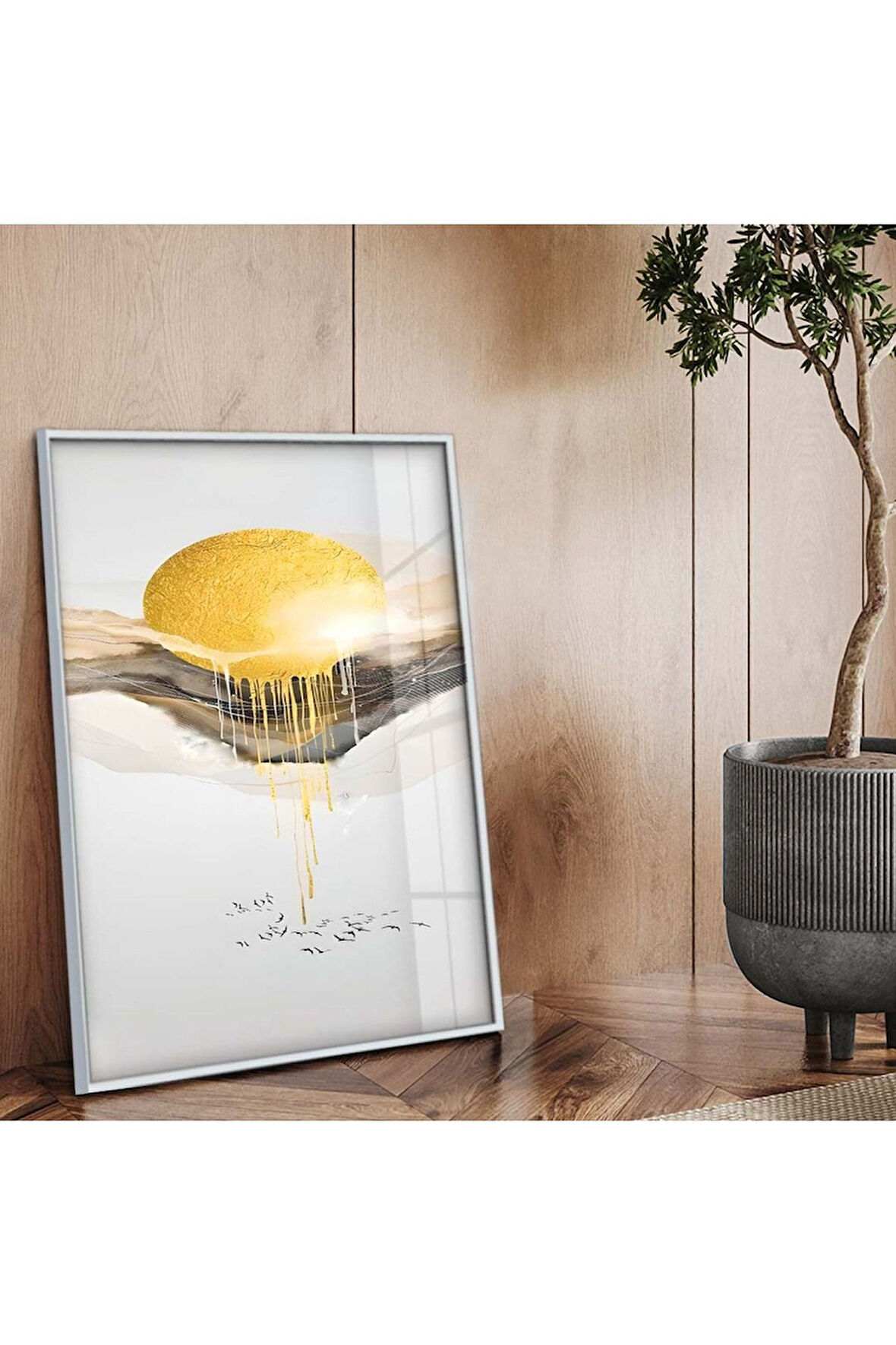 Gümüş Metal Çerçeveli Kolaj Çizim Soyut Tema Kırılmaz Cam Tablo