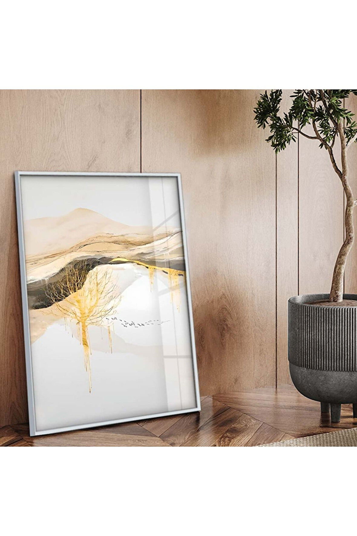 Gümüş Metal Çerçeveli Kolaj Çizim Soyut Tema Kırılmaz Cam Tablo