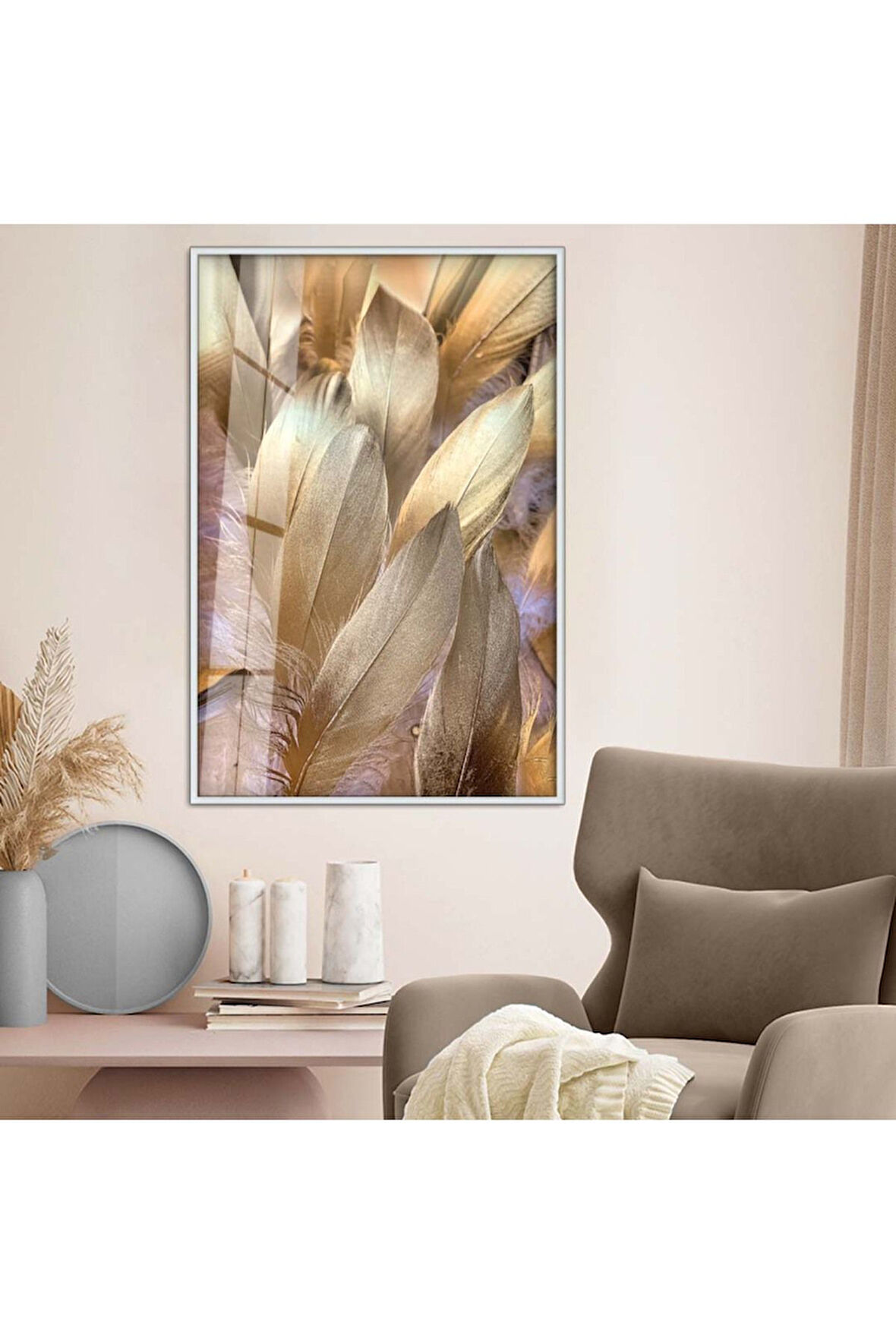Gold Metal Çerçeveli Kuş Tüyü Kırılmaz Cam Tablo