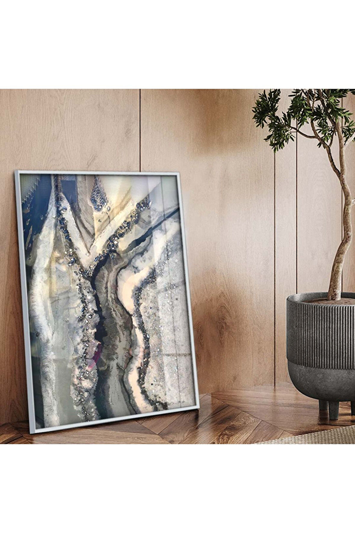 Gümüş Metal Çerçeveli Soyut Çizim Kırılmaz Cam Tablo