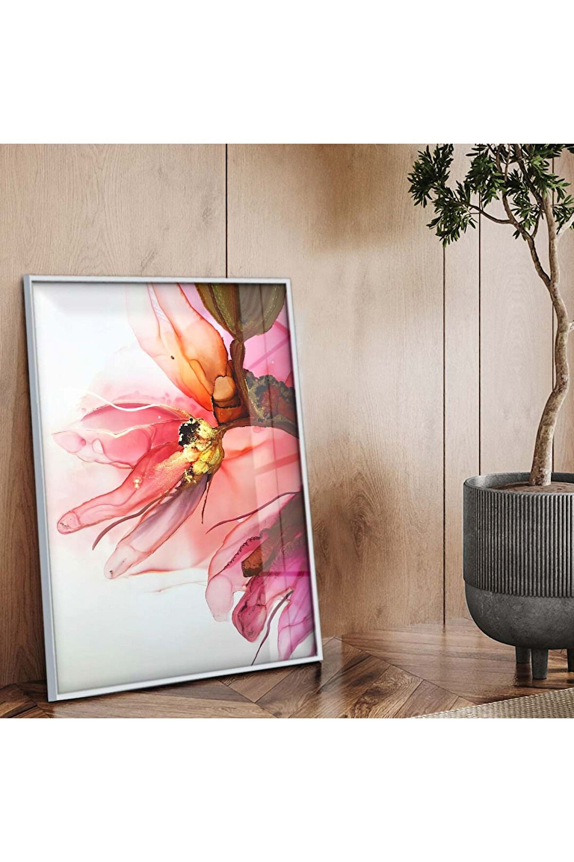 Gümüş Metal Çerçeveli Renkli Çiçek Modern Çizim Kırılmaz Cam Tablo