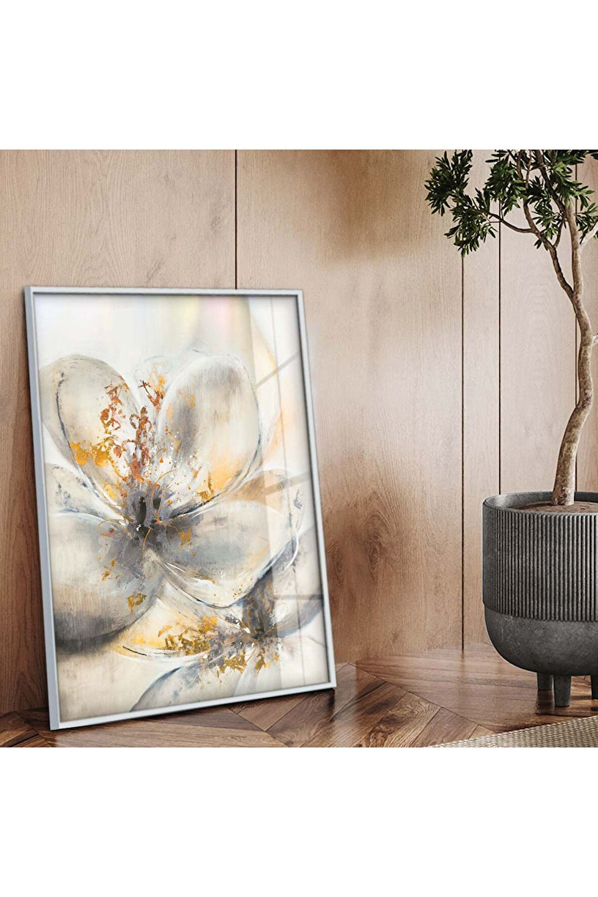 Gümüş Metal Çerçeveli Modern Çizim Çiçek Desen Kırılmaz Cam Tablo