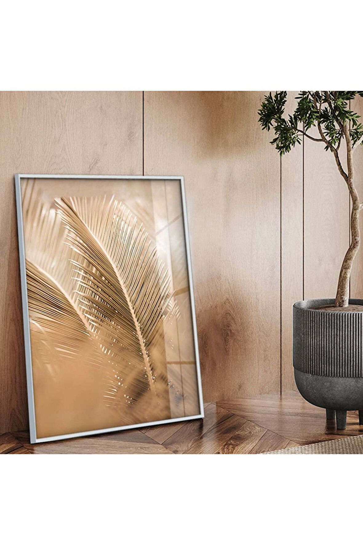 Gümüş Metal Çerçeveli Yaprak Desen Kırılmaz Cam Tablo