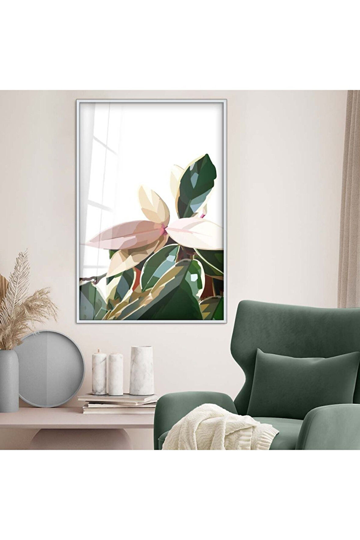 Siyah Metal Çerçeveli Yaprak Desen Kırılmaz Cam Tablo