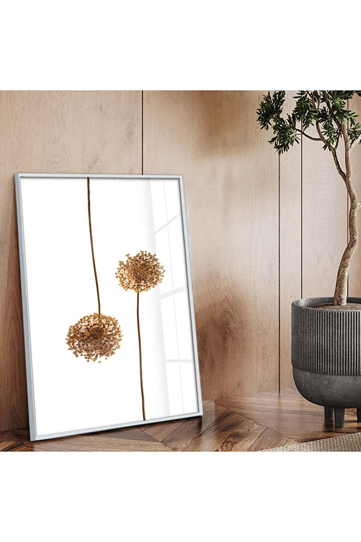 Gümüş Metal Çerçeveli Modern Çizim Çiçek Desen Kırılmaz Cam Tablo