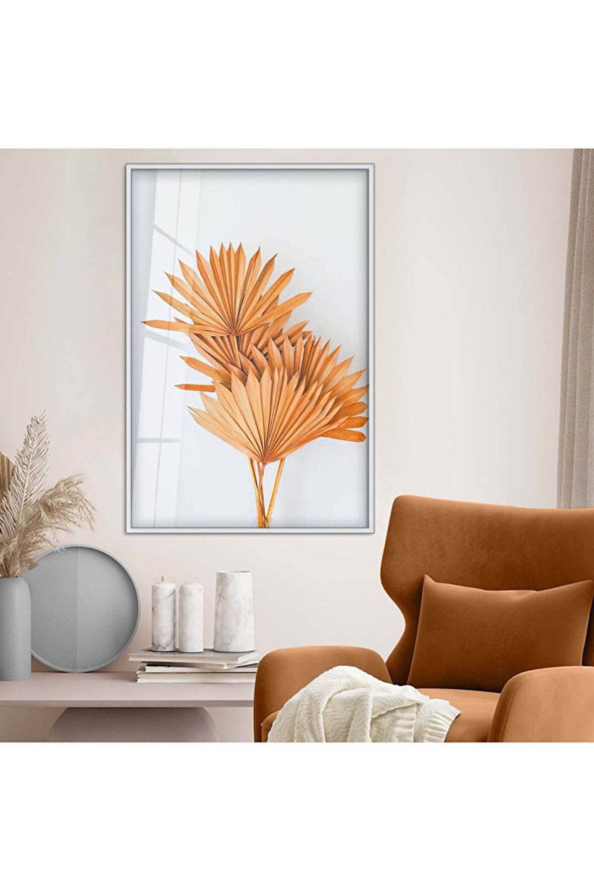 Gold Metal Çerçeveli Modern Çizim Renkli Yaprak Kırılmaz Cam Tablo