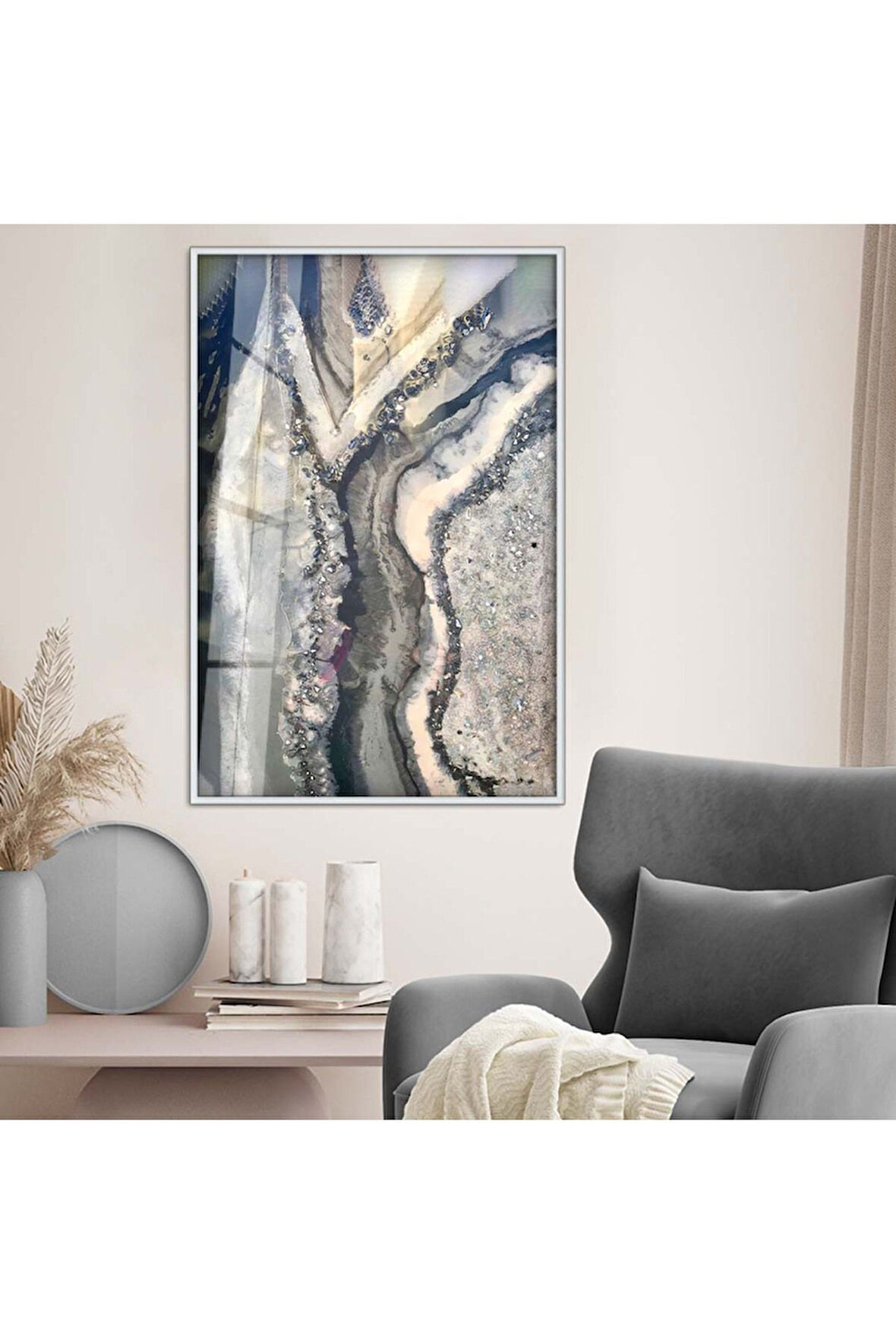 Siyah Metal Çerçeveli Soyut Tema Modern Çizim Kırılmaz Cam Tablo