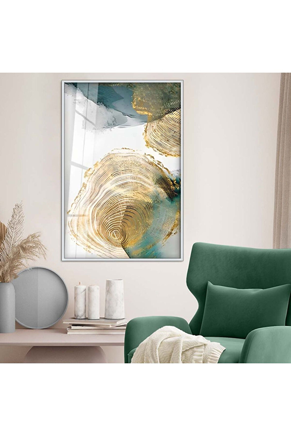 Gold Metal Çerçeveli Soyut Tema Modern Çizim Kırılmaz Cam Tablo