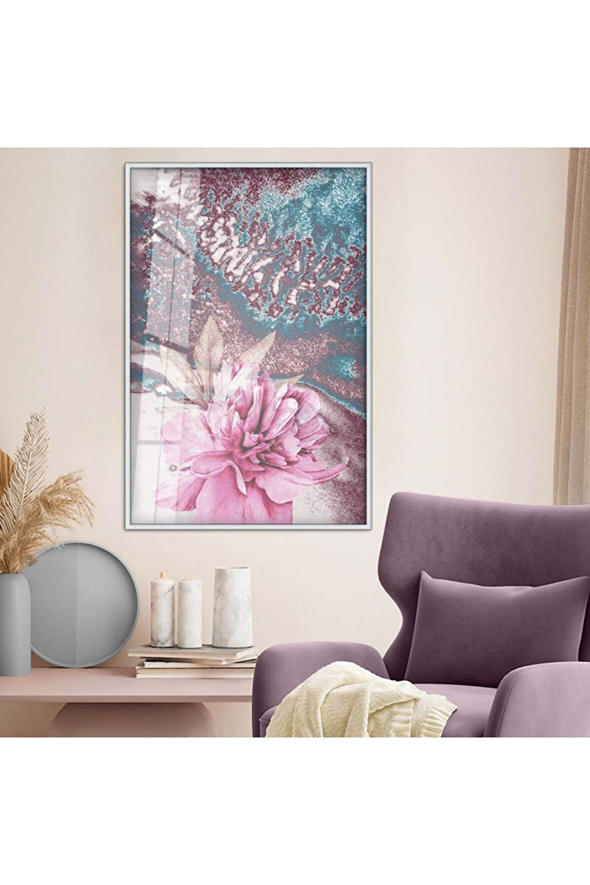 Gold Metal Çerçeveli Çiçek Desen Modern Çizim Kırılmaz Cam Tablo