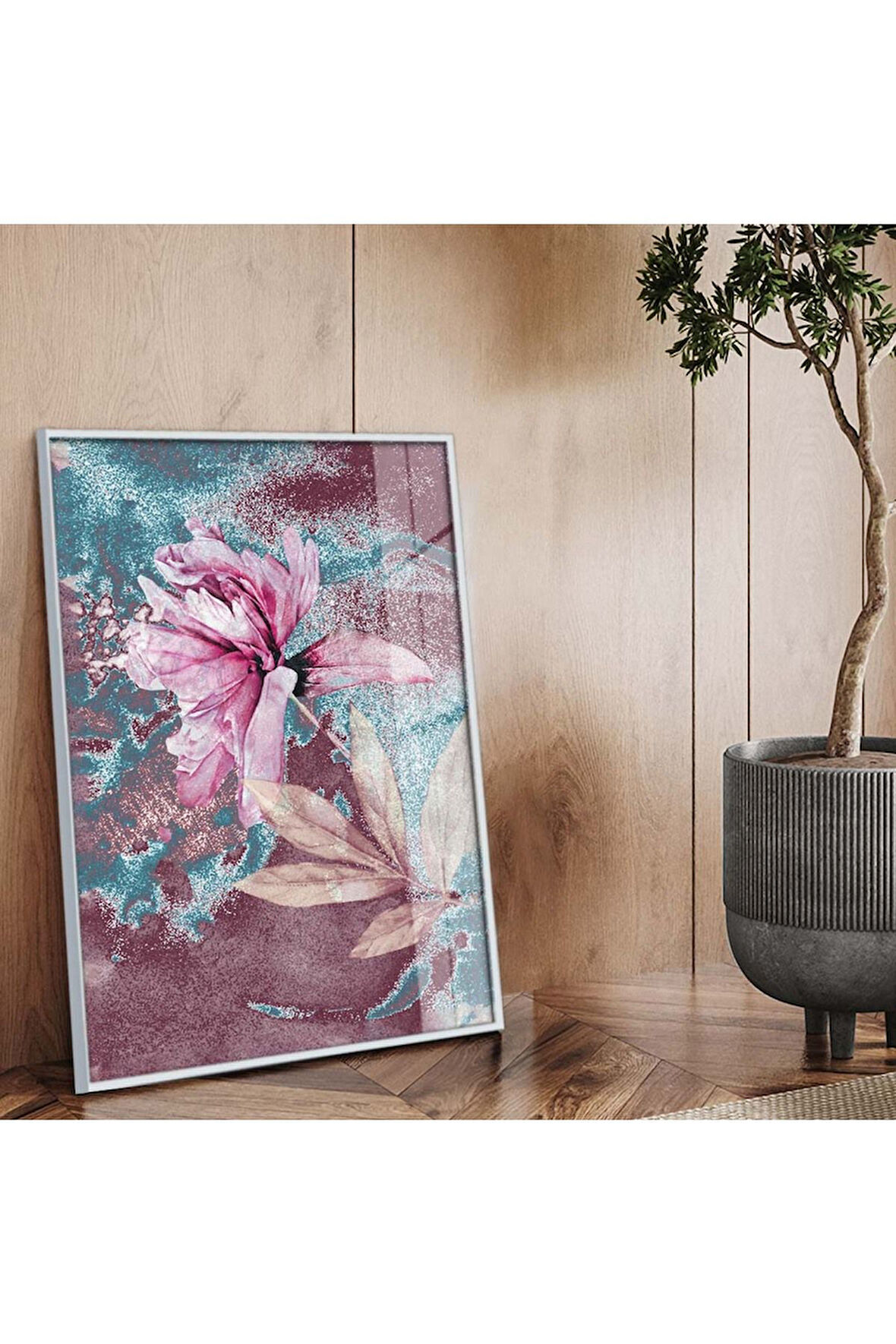 Gümüş Metal Çerçeveli Çiçek Desen Modern Çizim Kırılmaz Cam Tablo