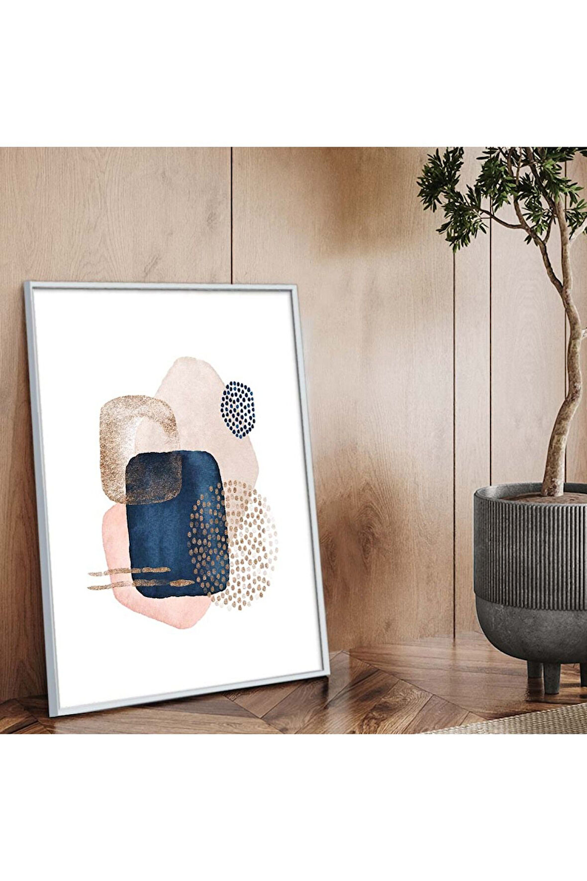 Gümüş Metal Çerçeveli Kolaj Çizim Soyut Tema Kırılmaz Cam Tablo