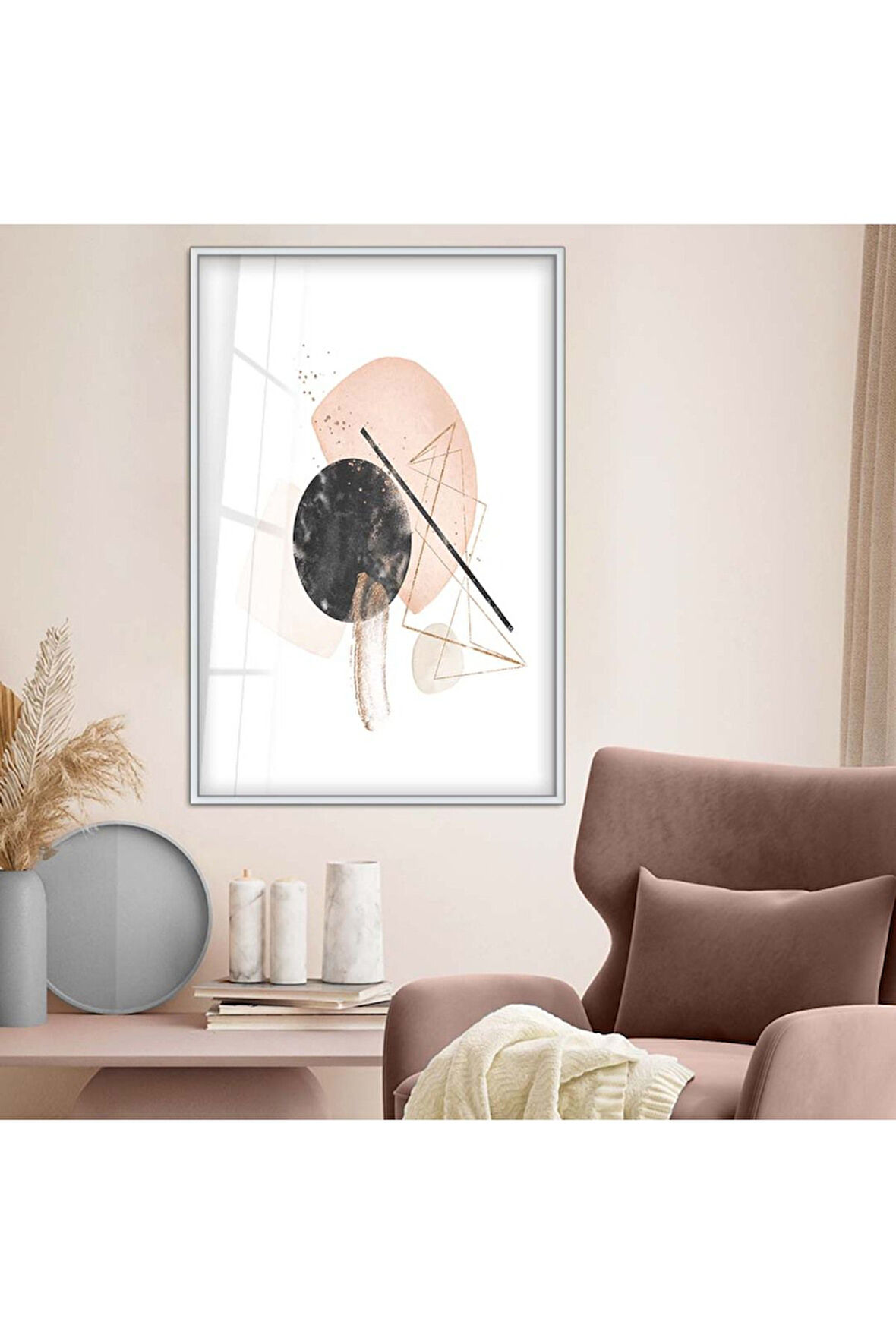 Siyah Metal Çerçeveli Geometrik Desen Modern Çizim Kırılmaz Cam Tablo