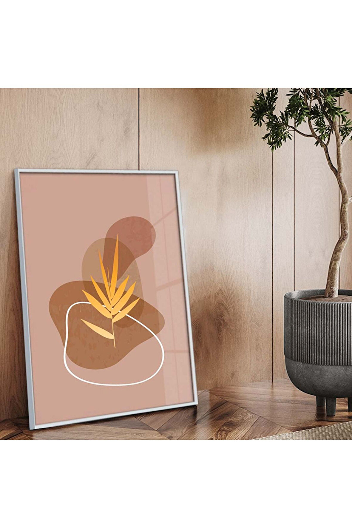 Gümüş Metal Çerçeveli Kolaj Çizim Soyut Tema Kırılmaz Cam Tablo