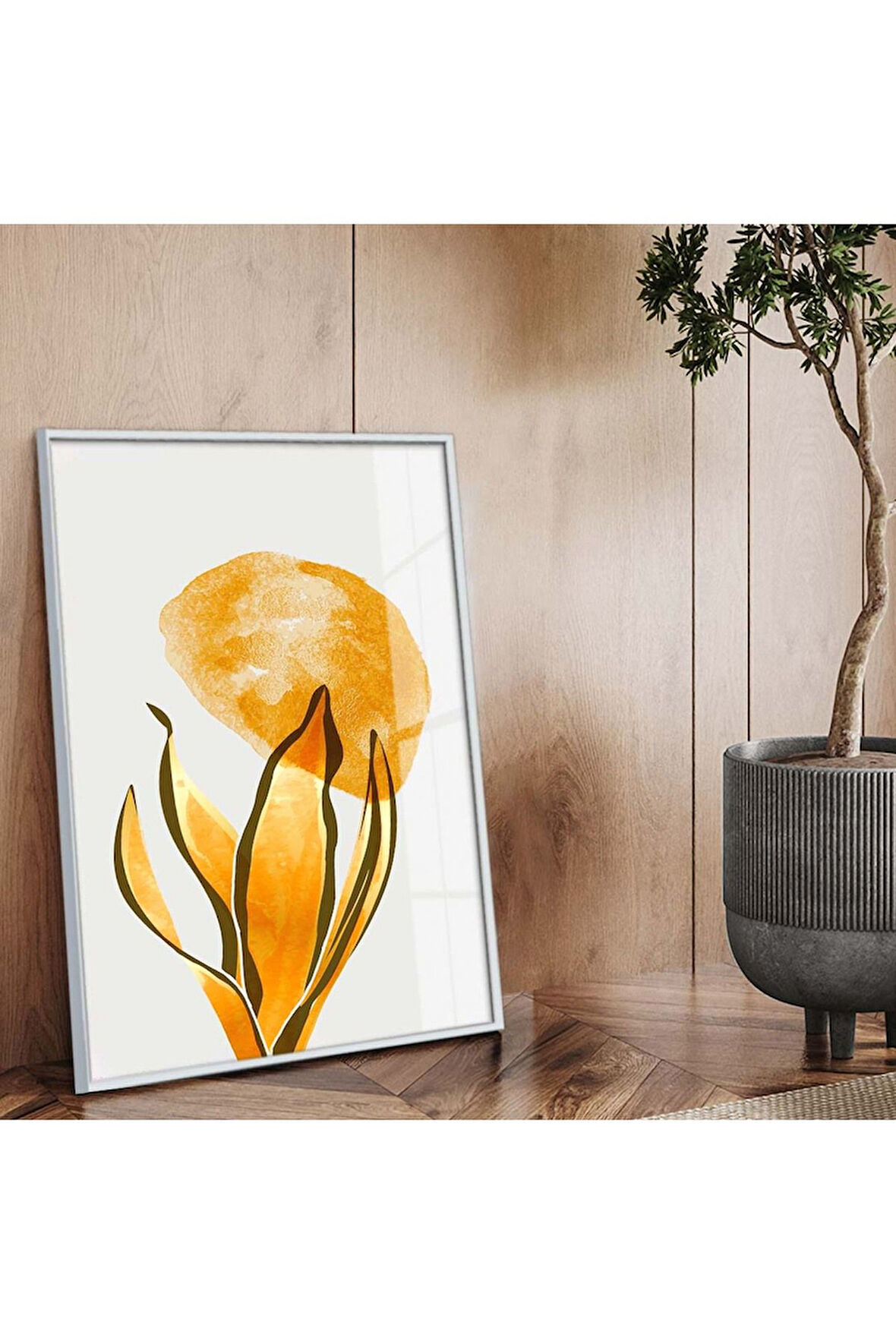 Gümüş Metal Çerçeveli Kolaj Çizim Modern Tema Kırılmaz Cam Tablo