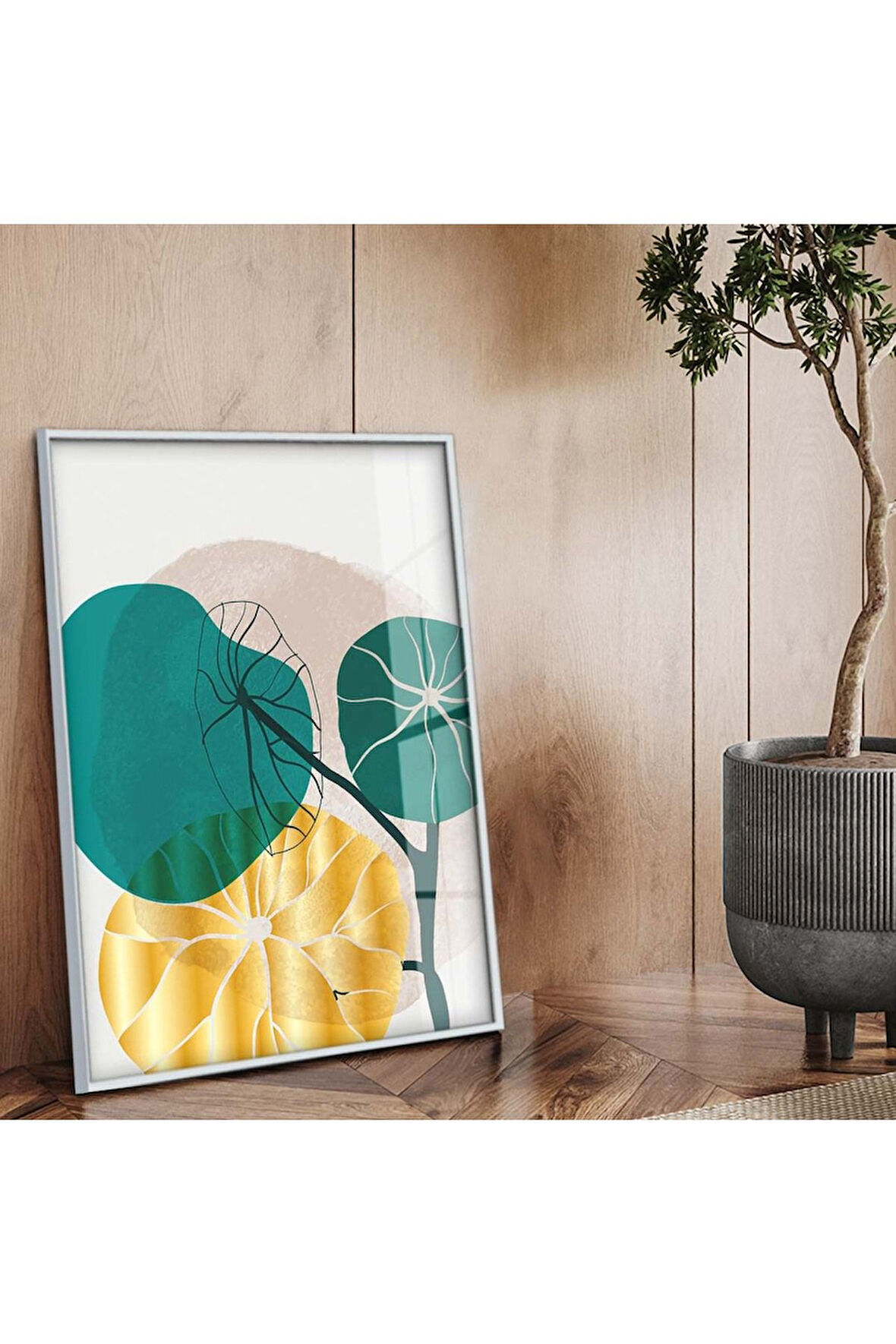 Gümüş Metal Çerçeveli Kolaj Çizim Modern Tema Kırılmaz Cam Tablo