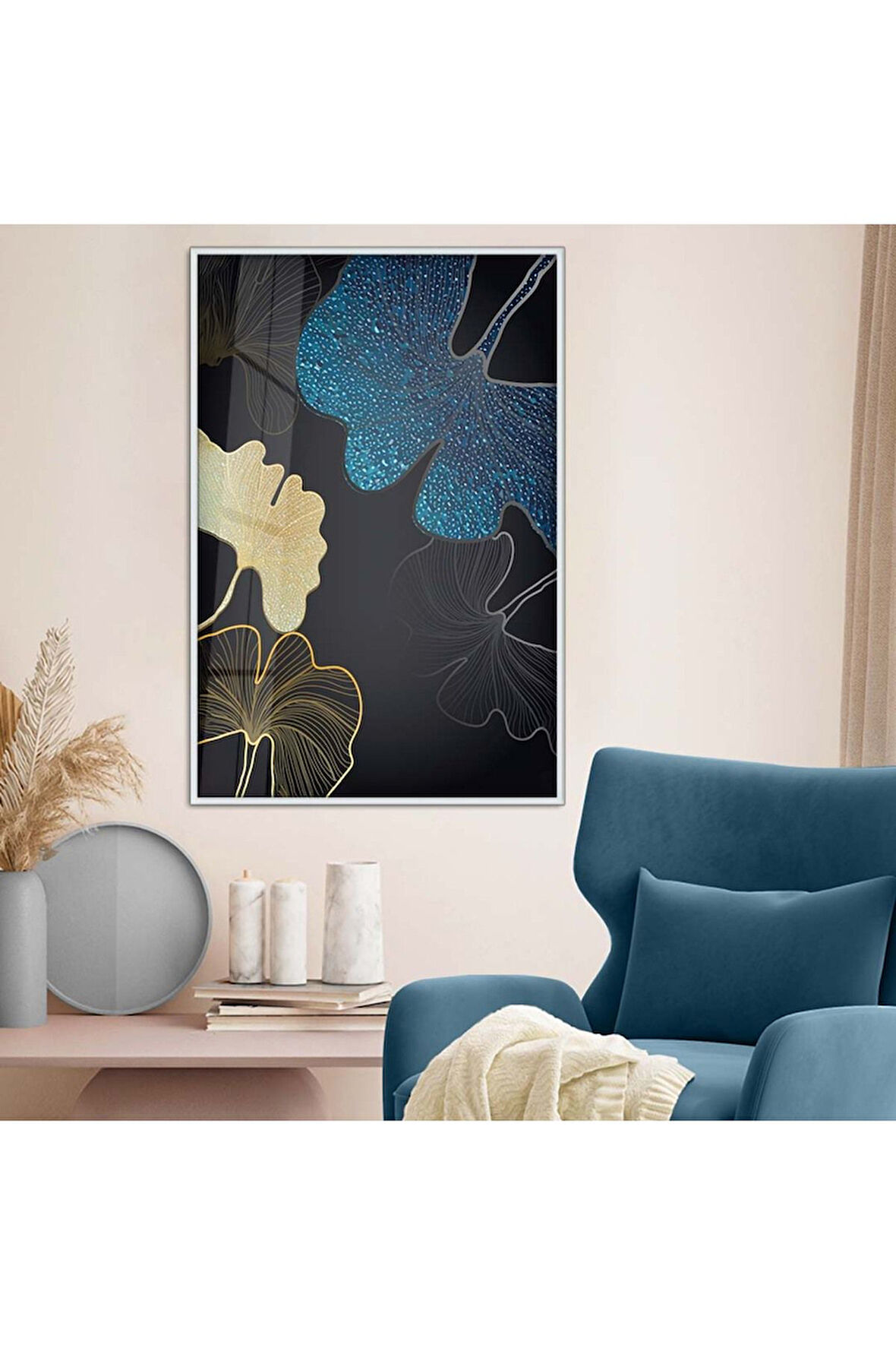 Siyah Metal Çerçeveli Kolaj Çizim Çiçek Desen Kırılmaz Cam Tablo