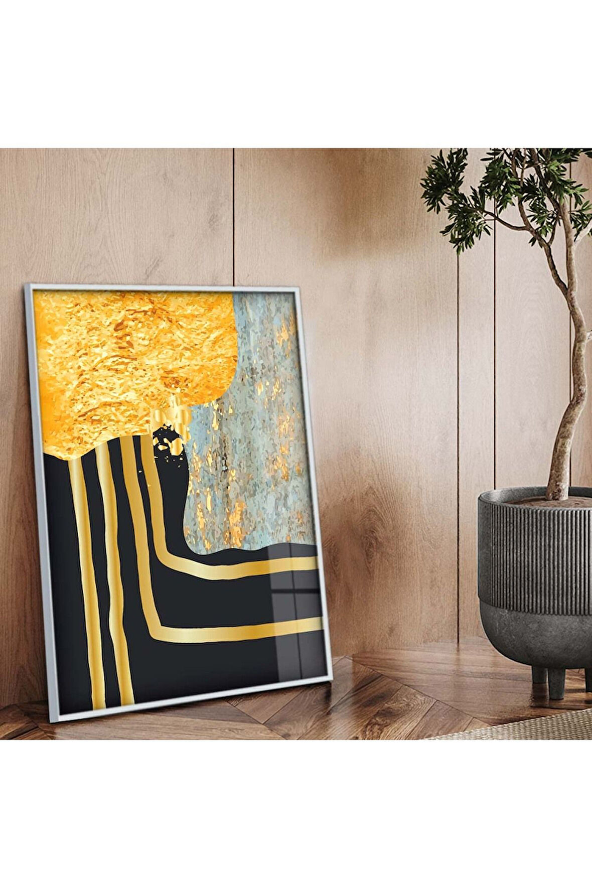 Gümüş Metal Çerçeveli Kolaj Çizim Soyut Tema Kırılmaz Cam Tablo