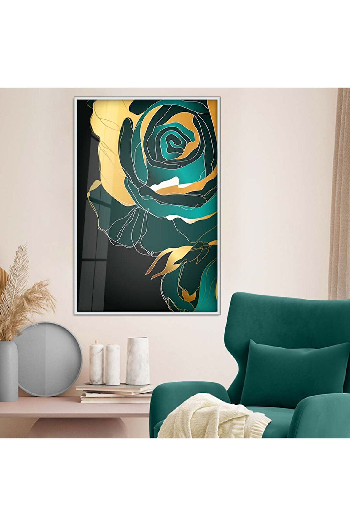 Gold Metal Çerçeveli Kolaj Çizim Çiçek Kırılmaz Cam Tablo