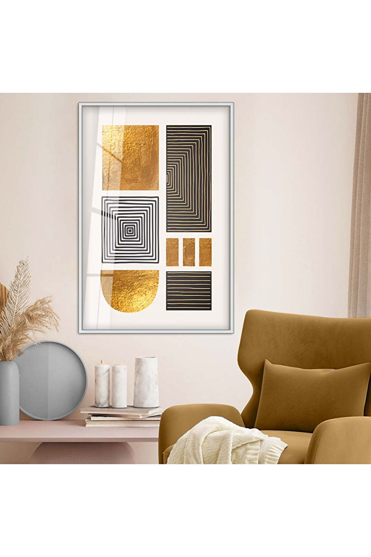 Gold Metal Çerçeveli Geometrik Çizim Soyut Tema Çizim Kırılmaz Cam Tablo