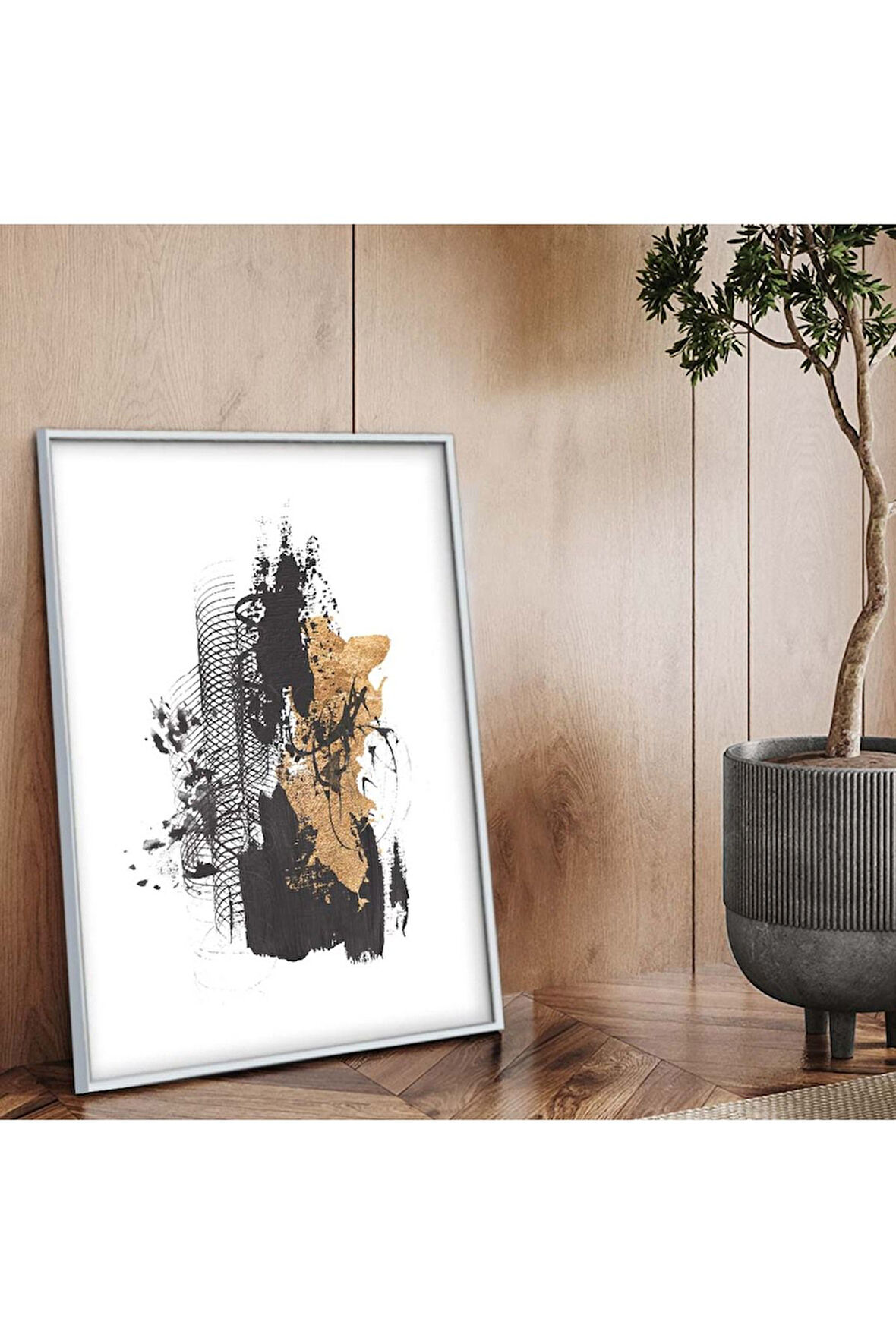 Gümüş Metal Çerçeveli Kolaj Çizim Soyut Tema Kırılmaz Cam Tablo