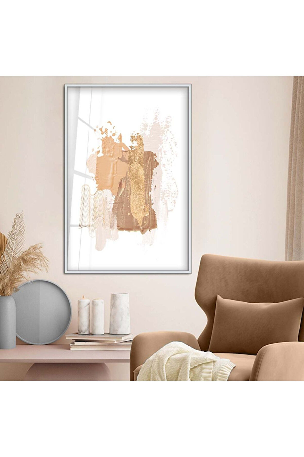 Gold Metal Çerçeveli Kolaj Çizim Soyut Tema Kırılmaz Cam Tablo