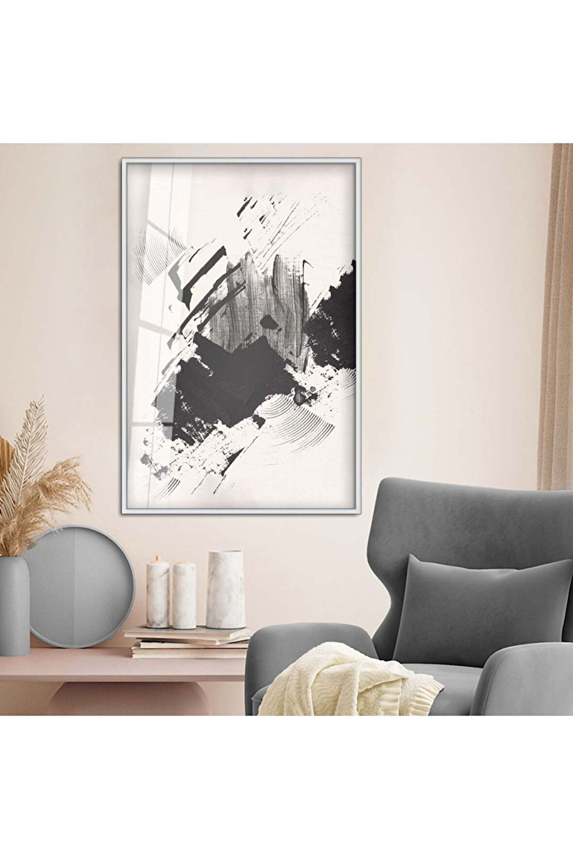 Siyah Metal Çerçeveli Kolaj Çizim Siyah Tema Kırılmaz Cam Tablo