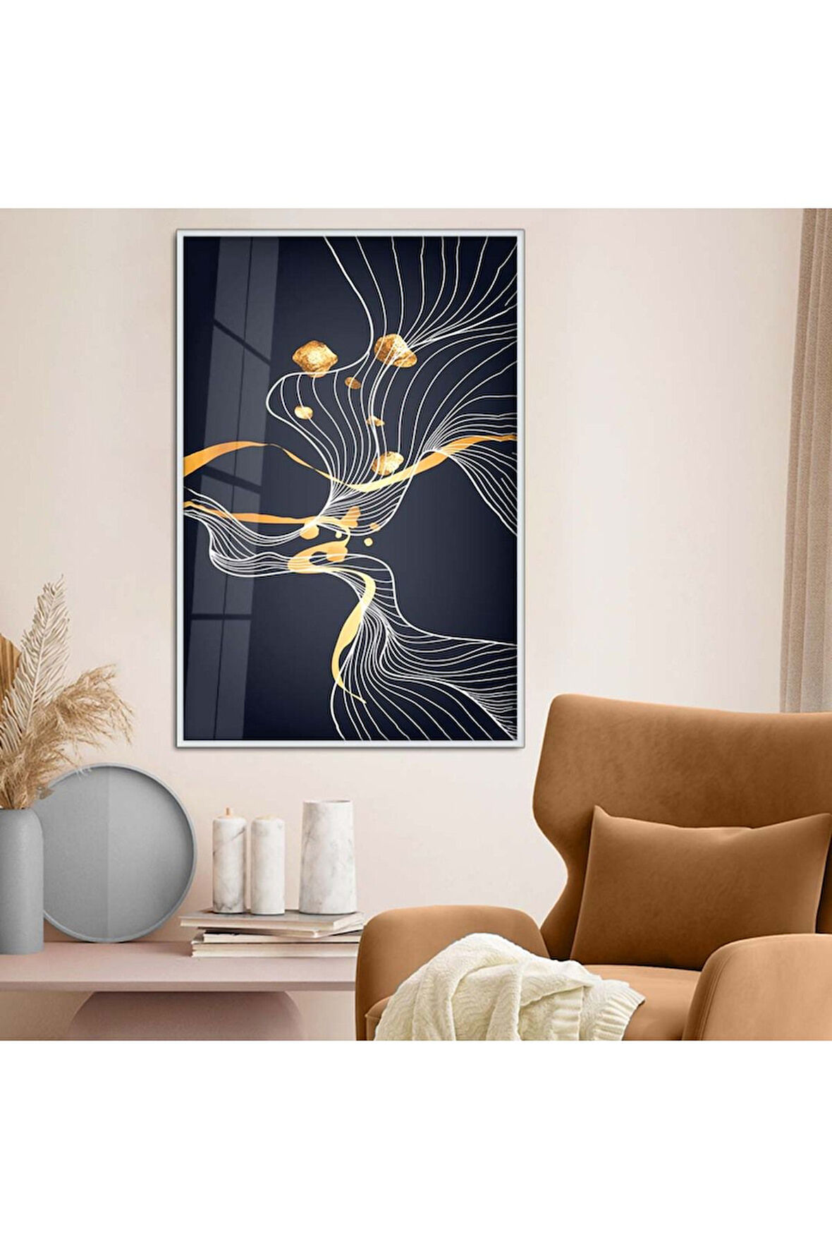 Gold Metal Çerçeveli Kolaj Çizim Kırılmaz Cam Tablo