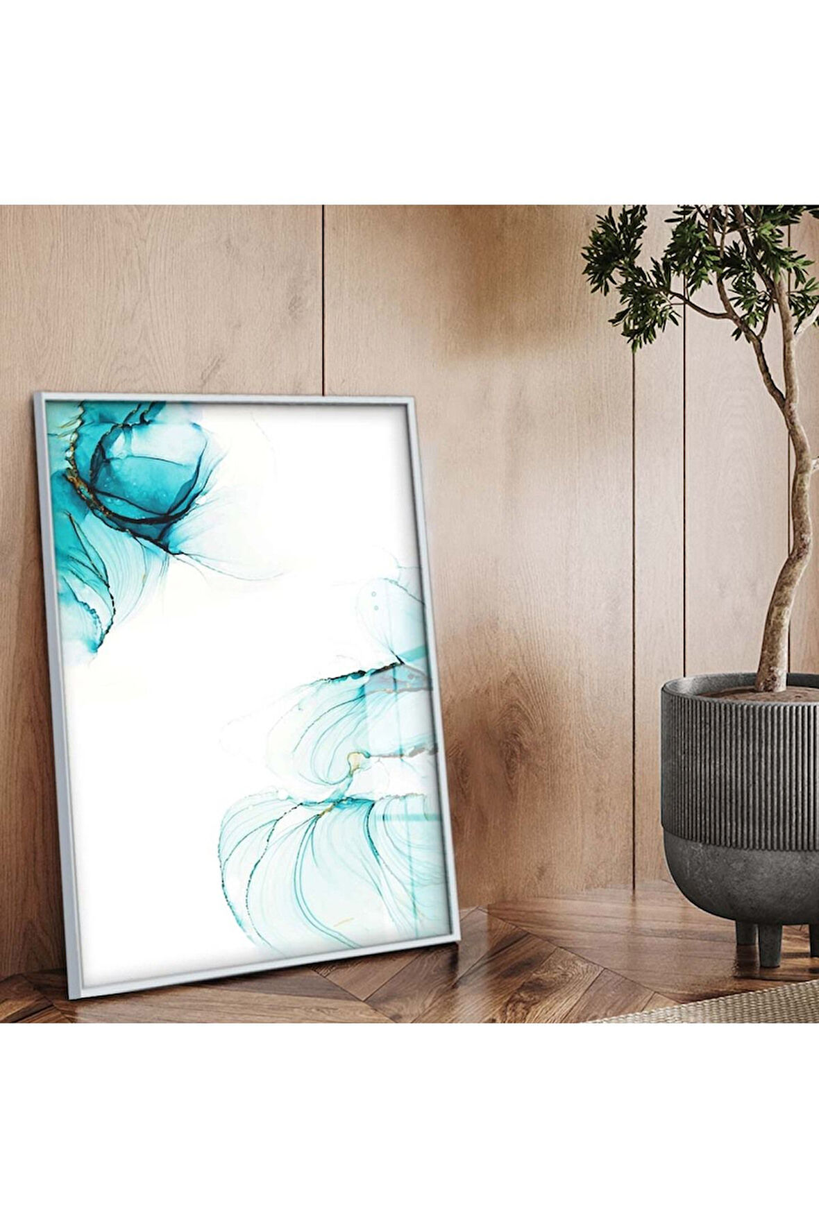 Gümüş Metal Çerçeveli Soyut Tema Modern Çizim Kırılmaz Cam Tablo