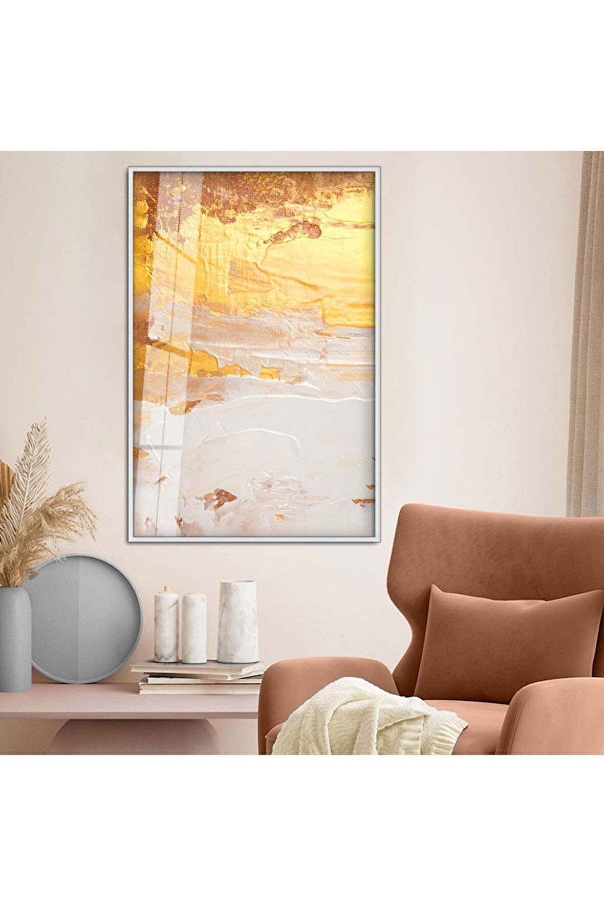 Gold Metal Çerçeveli Soyut Tema Modern Çizim Kırılmaz Cam Tablo