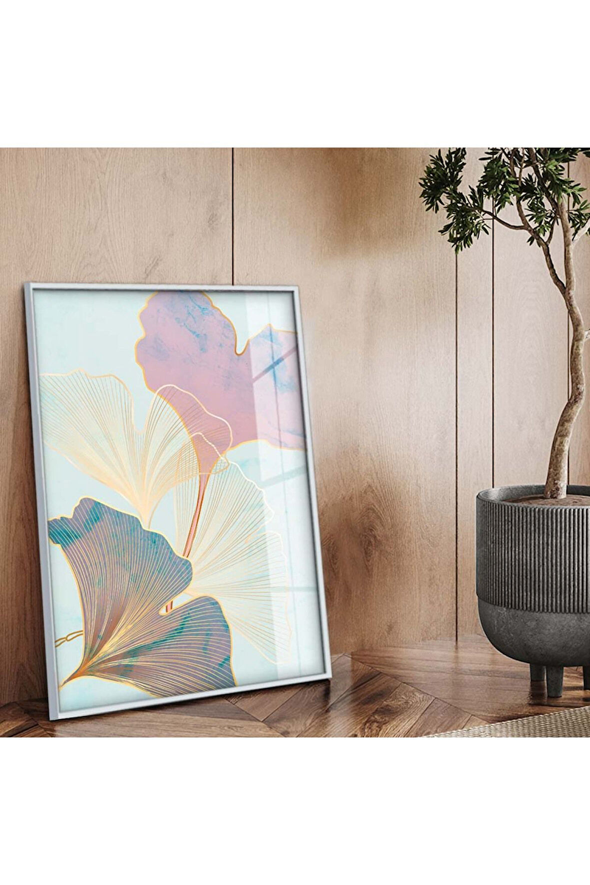 Gümüş Metal Çerçeveli Kolaj Çizim Çiçek Kırılmaz Cam Tablo