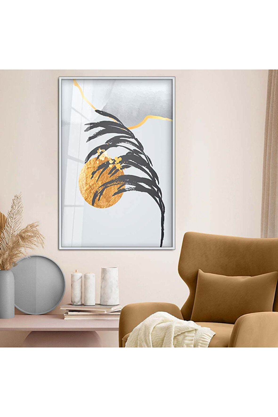 Gold Metal Çerçeveli Kolaj Çizim Yaprak Desen Kırılmaz Cam Tablo