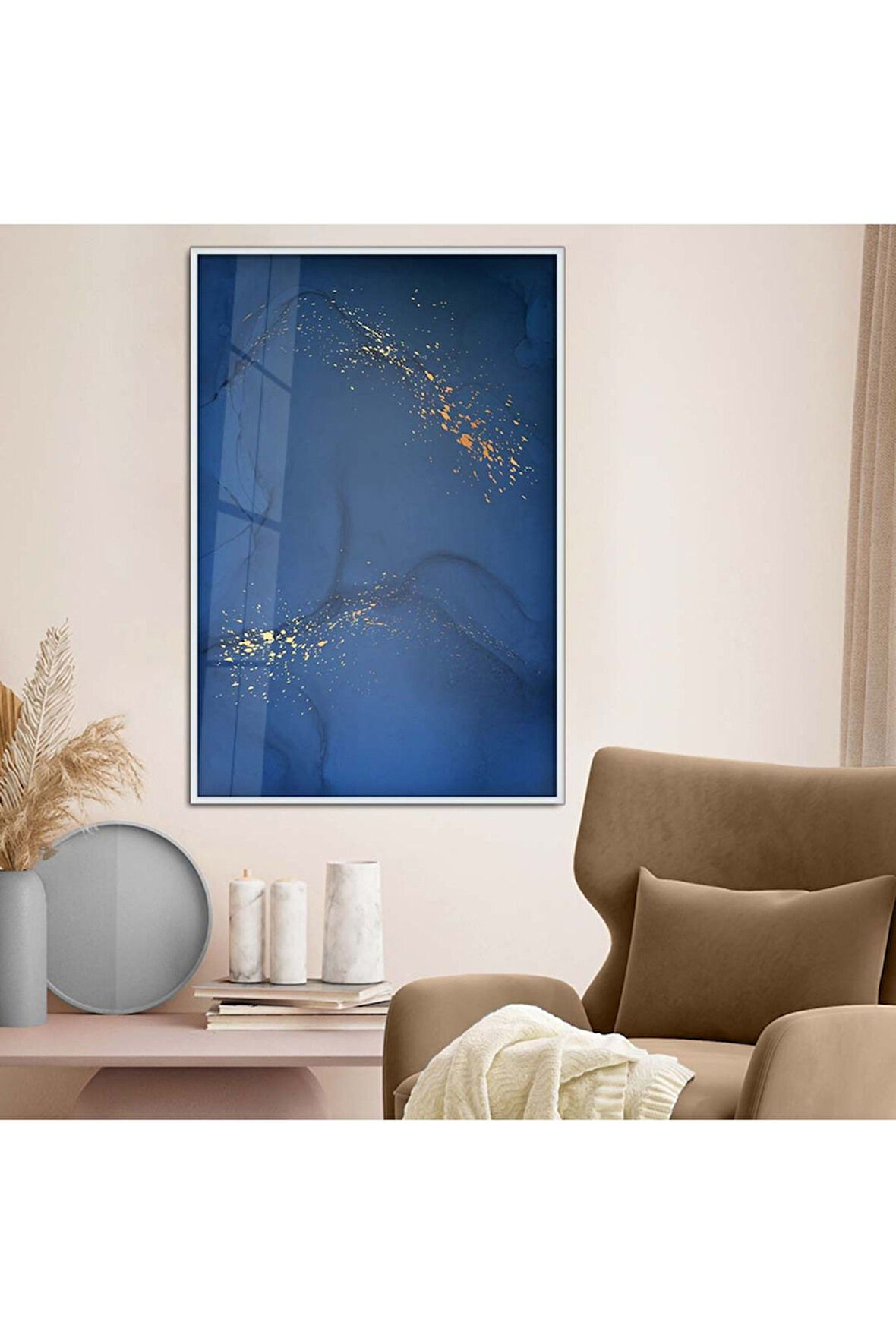 Gold Metal Çerçeveli Soyut Çizim Mavi Tema Kırılmaz Cam Tablo