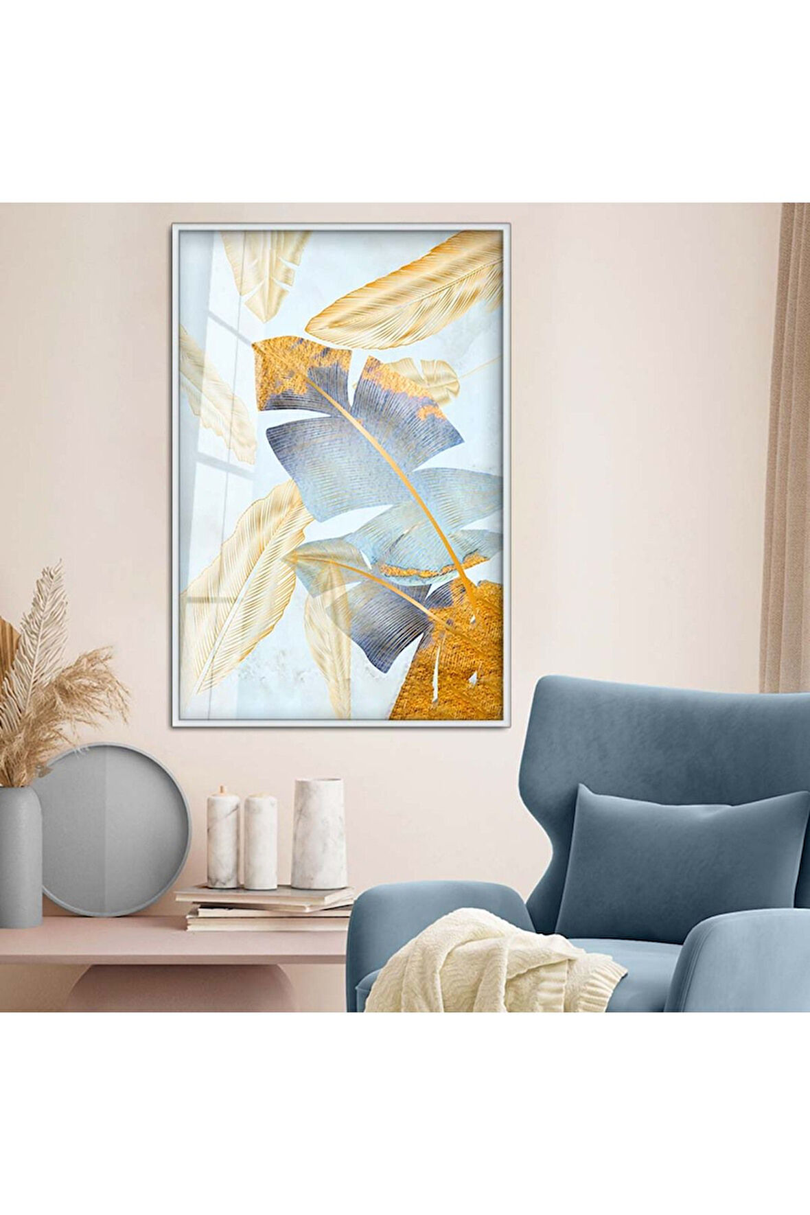 Siyah Metal Çerçeveli Modern Çizim Yaprak Desen Kırılmaz Cam Tablo