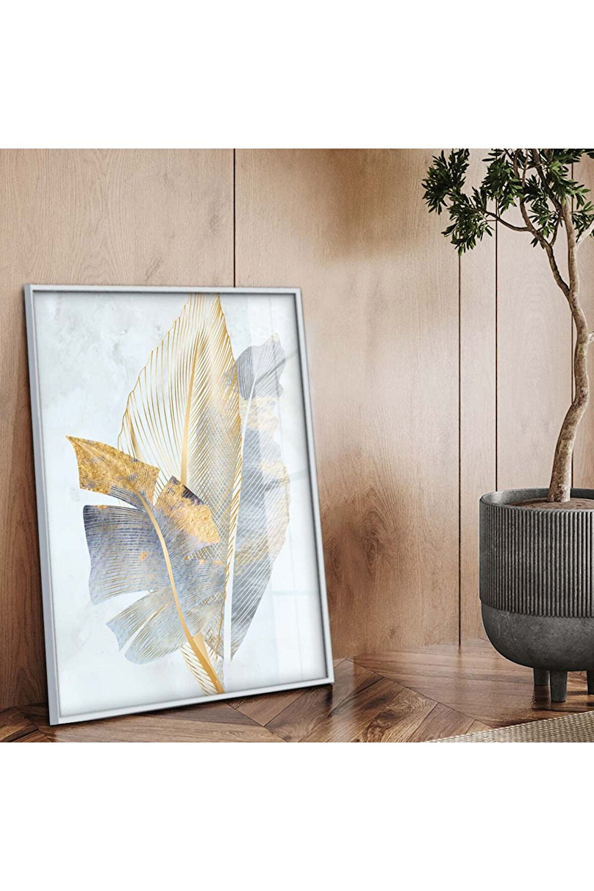 Gümüş Metal Çerçeveli Modern Çizim Yaprak Desen Kırılmaz Cam Tablo