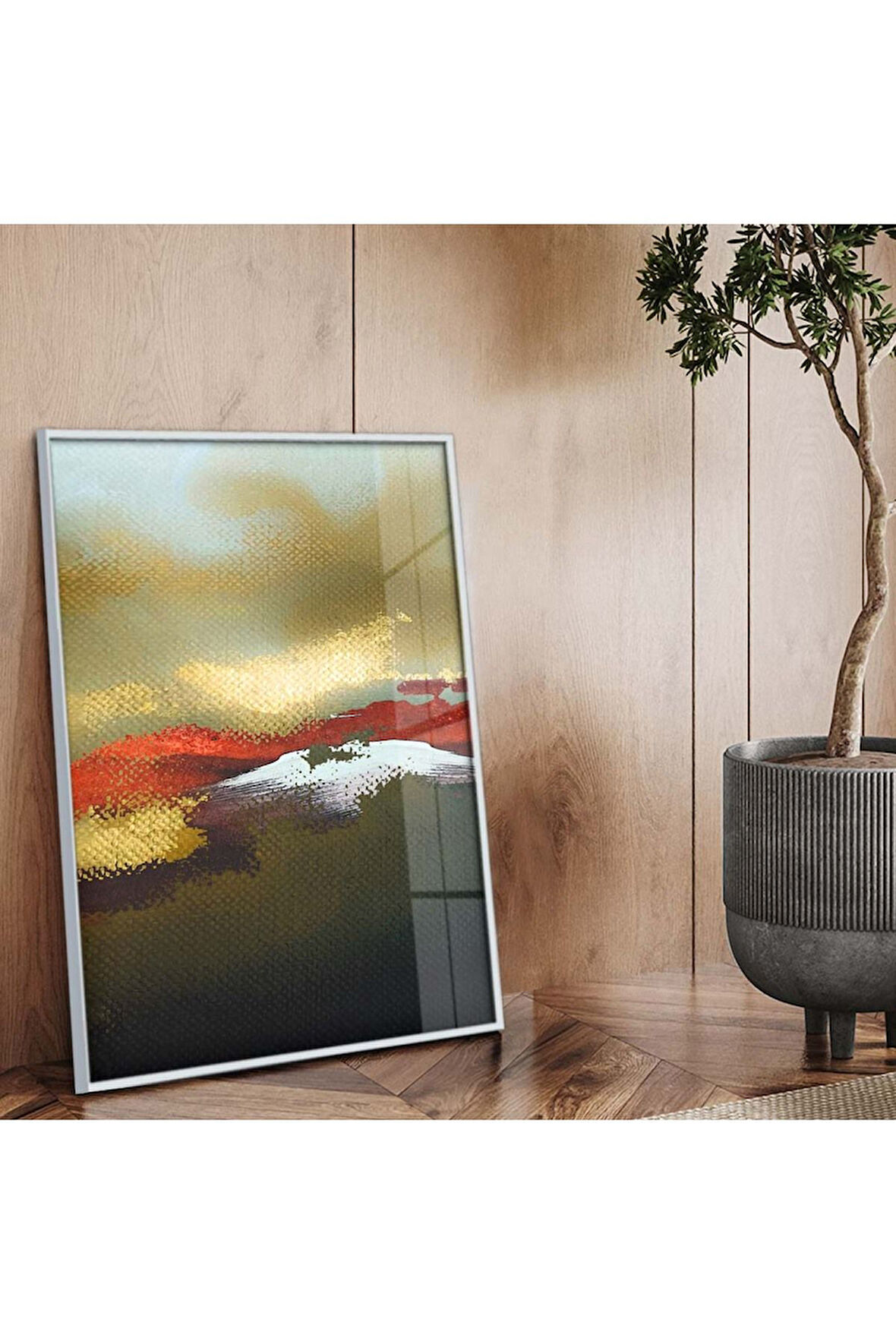 Gümüş Metal Çerçeveli Modern Çizim Soyut Tema Kırılmaz Cam Tablo