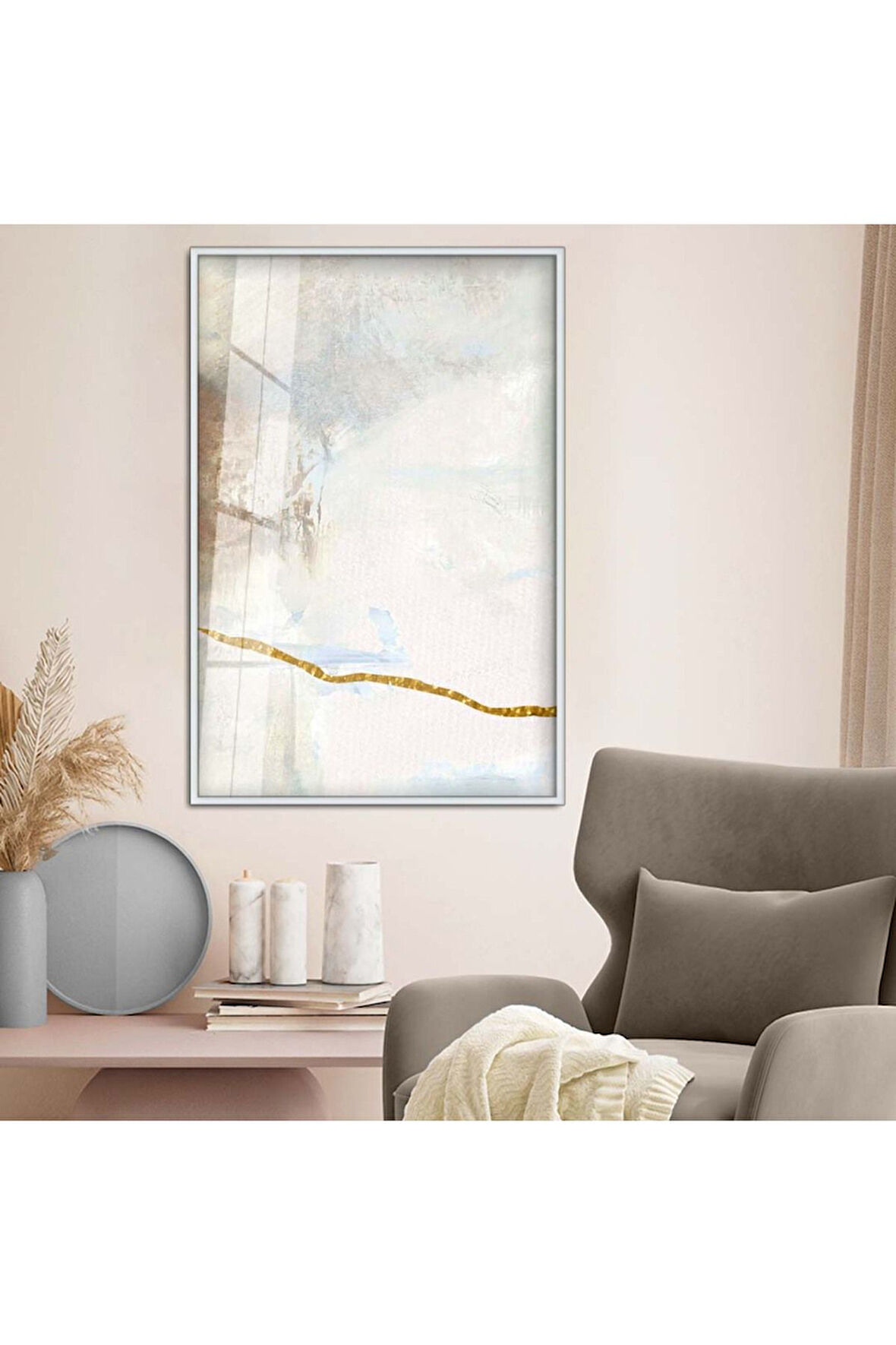 Gold Metal Çerçeveli Modern Çizim Soyut Tema Kırılmaz Cam Tablo