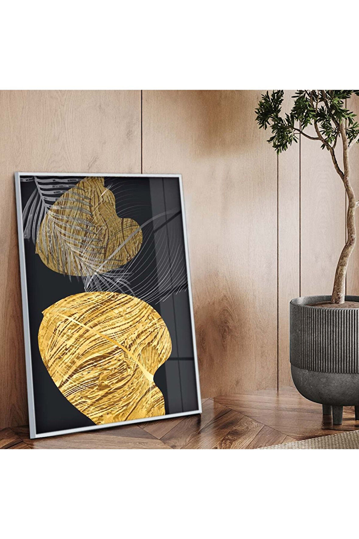 Gümüş Metal Çerçeveli Kolaj Çizim Yaprak Desen Kırılmaz Cam Tablo