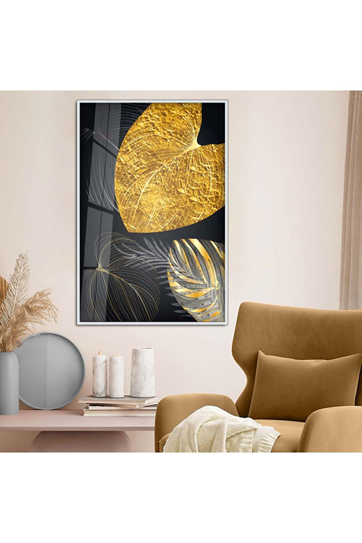 Gold Metal Çerçeveli Kolaj Çizim Yaprak Desen Kırılmaz Cam Tablo