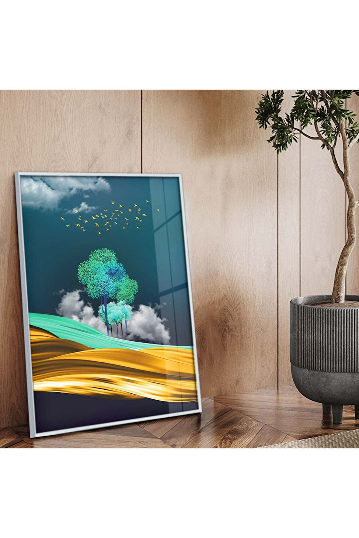 Gümüş Metal Çerçeveli Modern Çizim Doğa Tema Kırılmaz Cam Tablo
