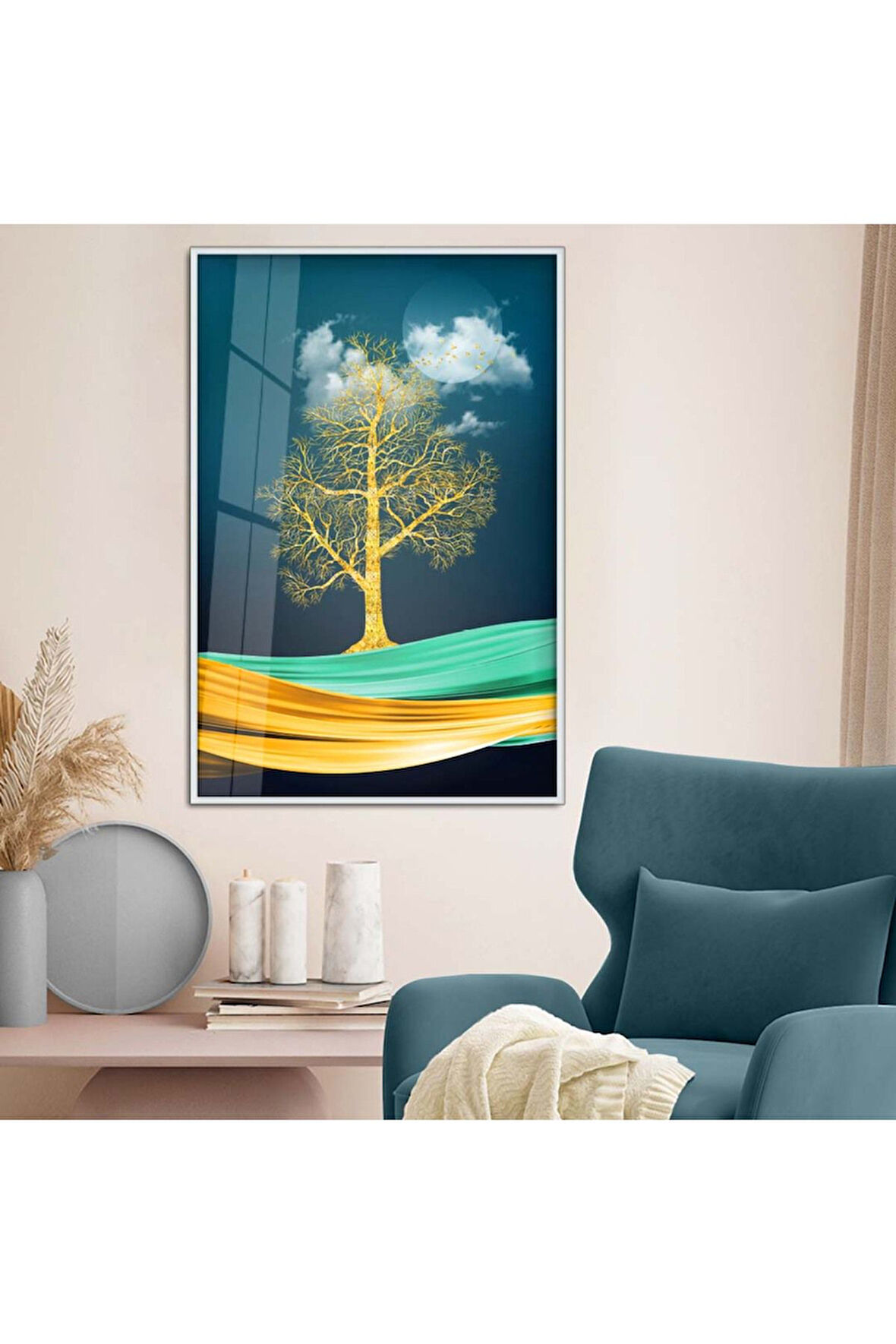 Gold Metal Çerçeveli Modern Çizim Doğa Tema Kırılmaz Cam Tablo