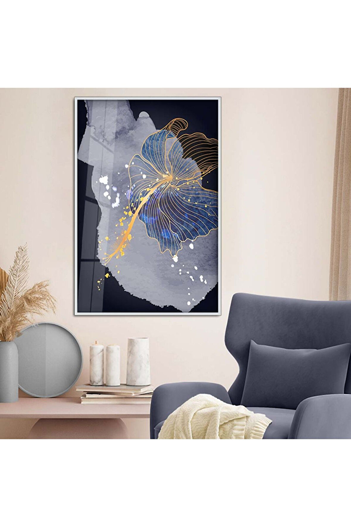 Siyah Metal Çerçeveli Kolaj Çizim Çiçek Tema Kırılmaz Cam Tablo